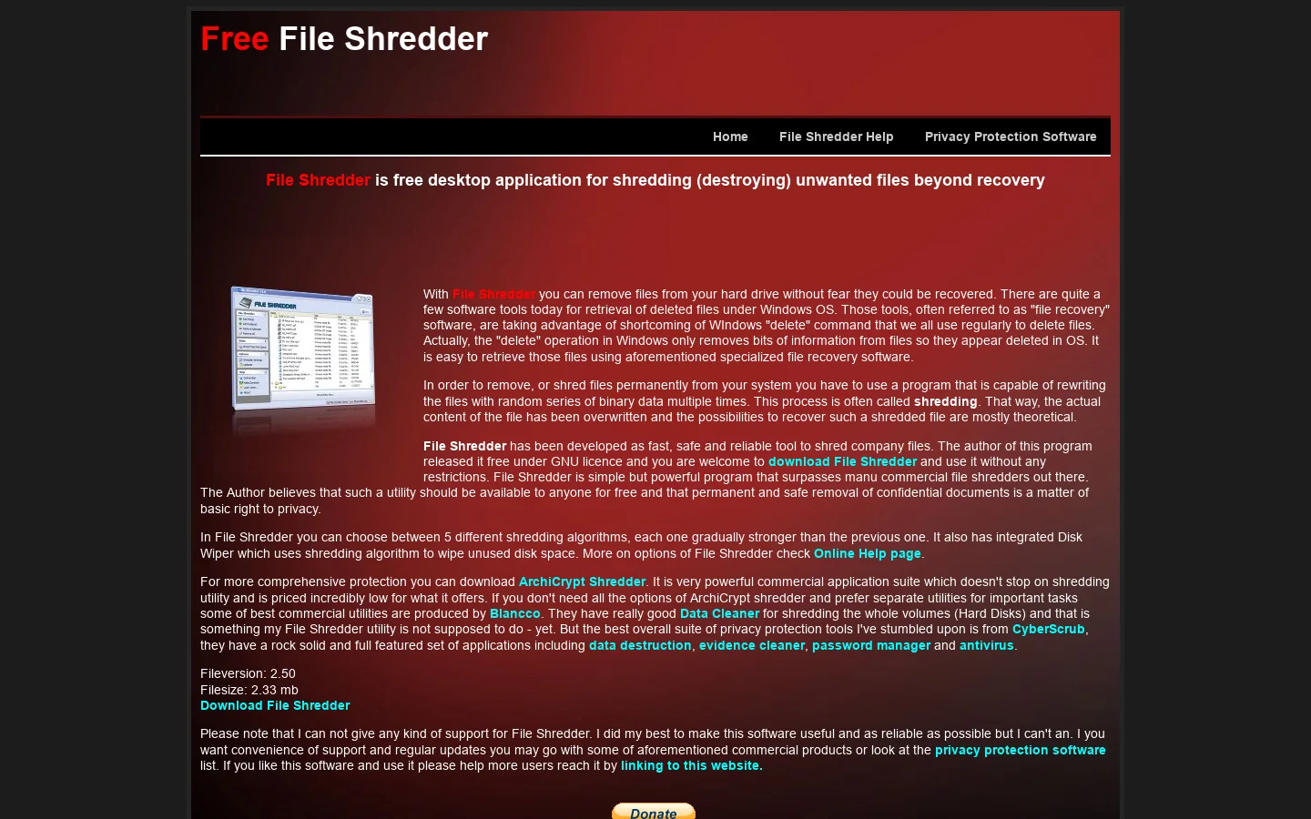 File Shredder Homepage screenshot