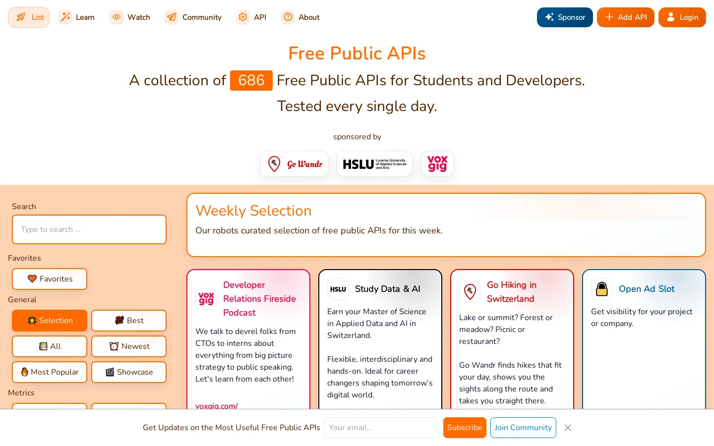 Free Public APIs Homepage screenshot