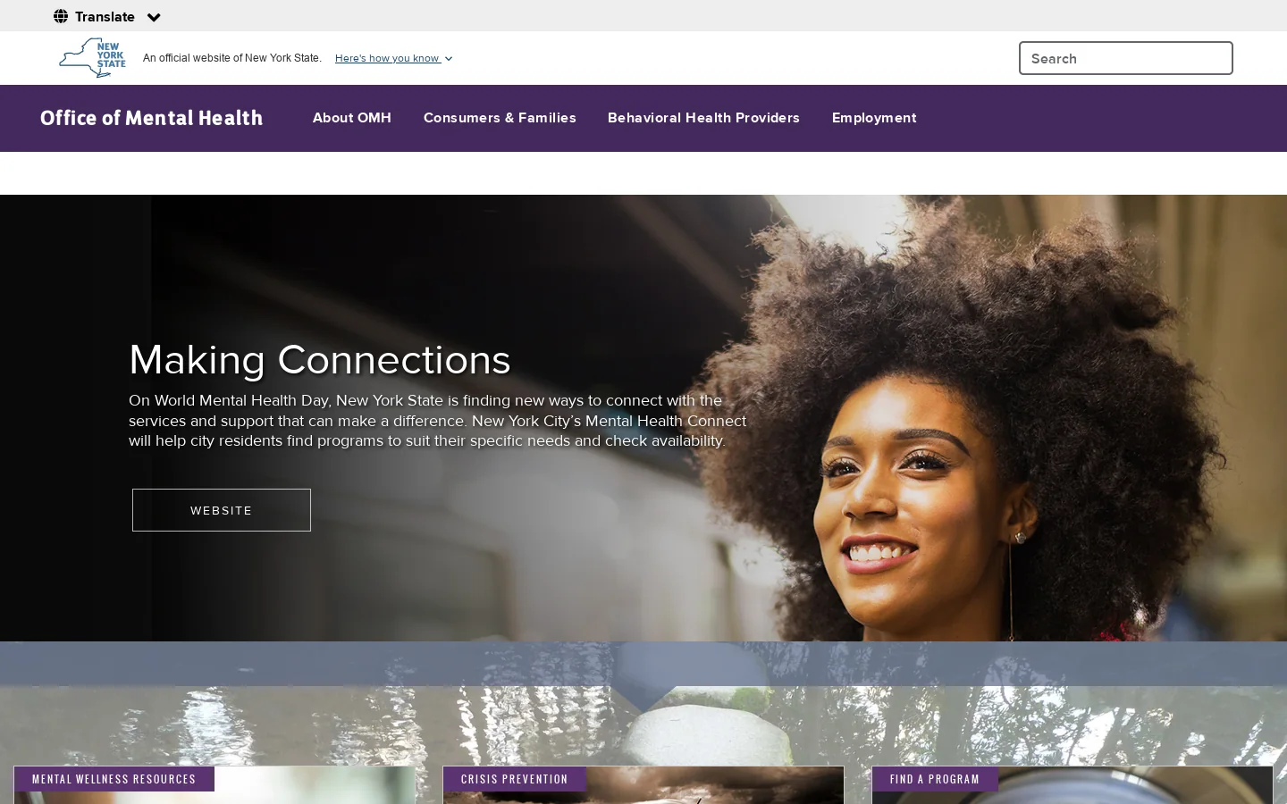 New York State Office of Mental Health Homepage screenshot