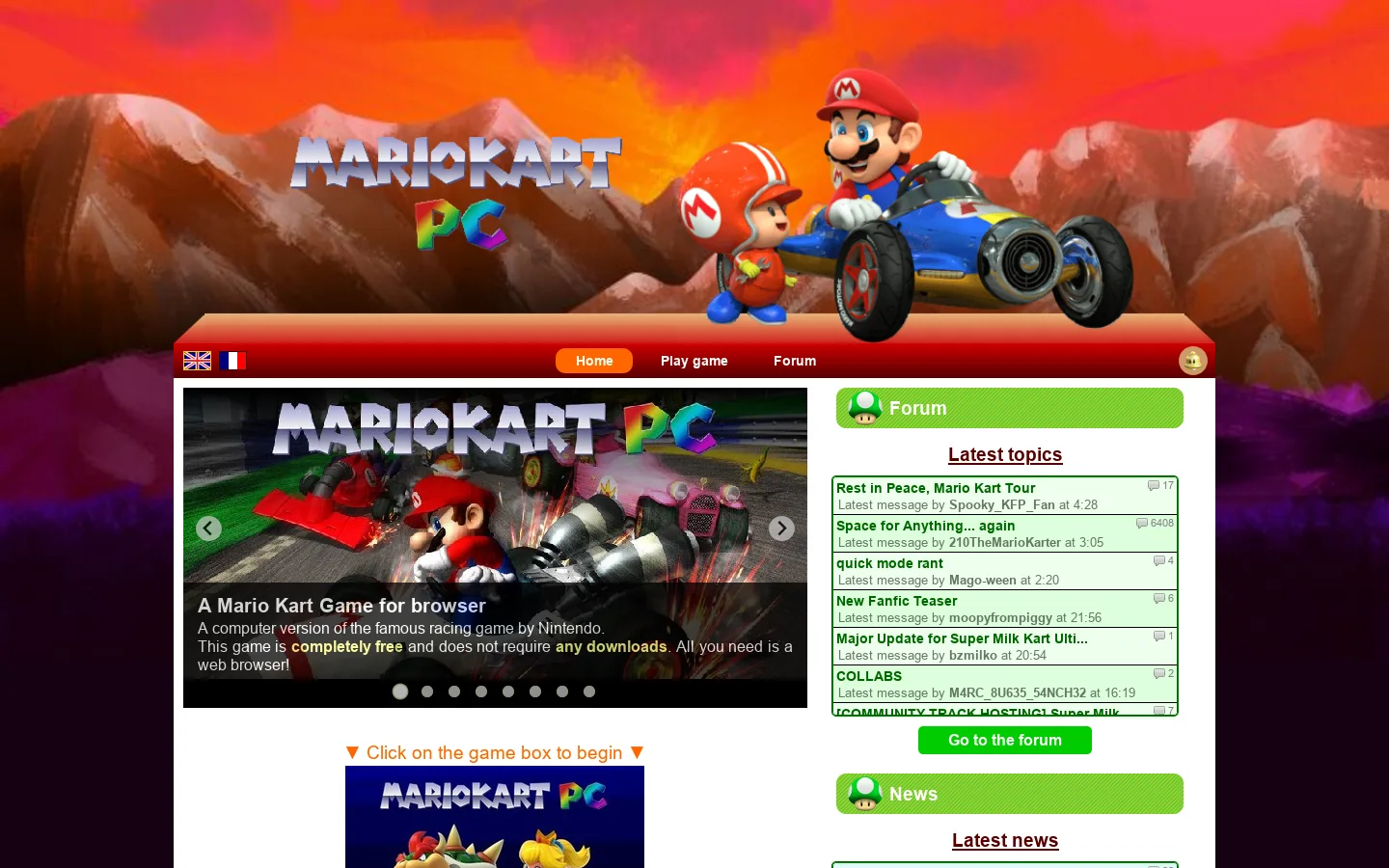 Mario Kart PC Homepage screenshot