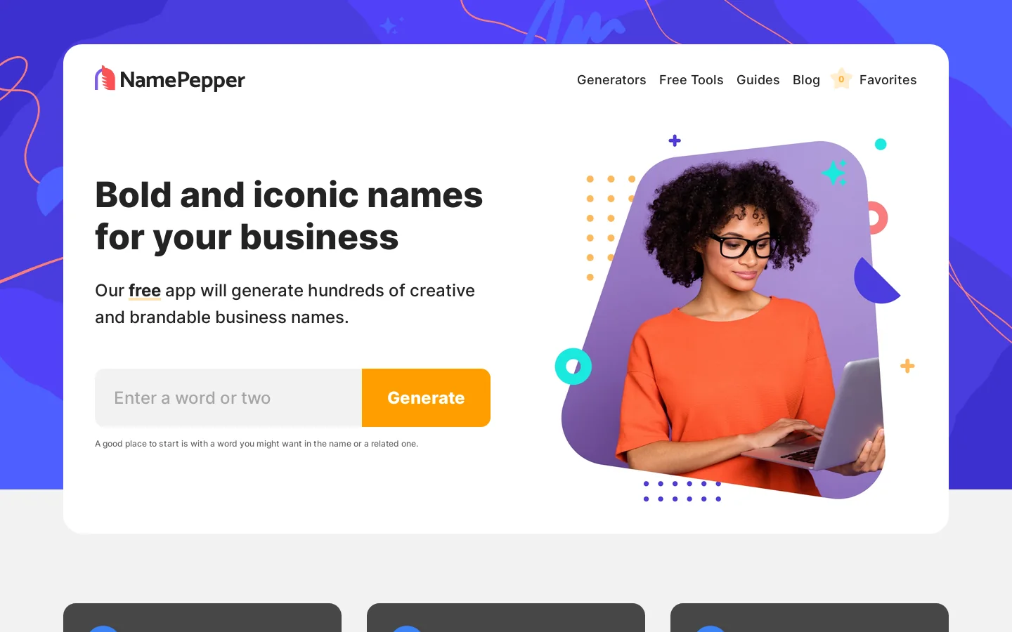Free Business Name Generator: Unlock Brandable Names (2024) Homepage screenshot