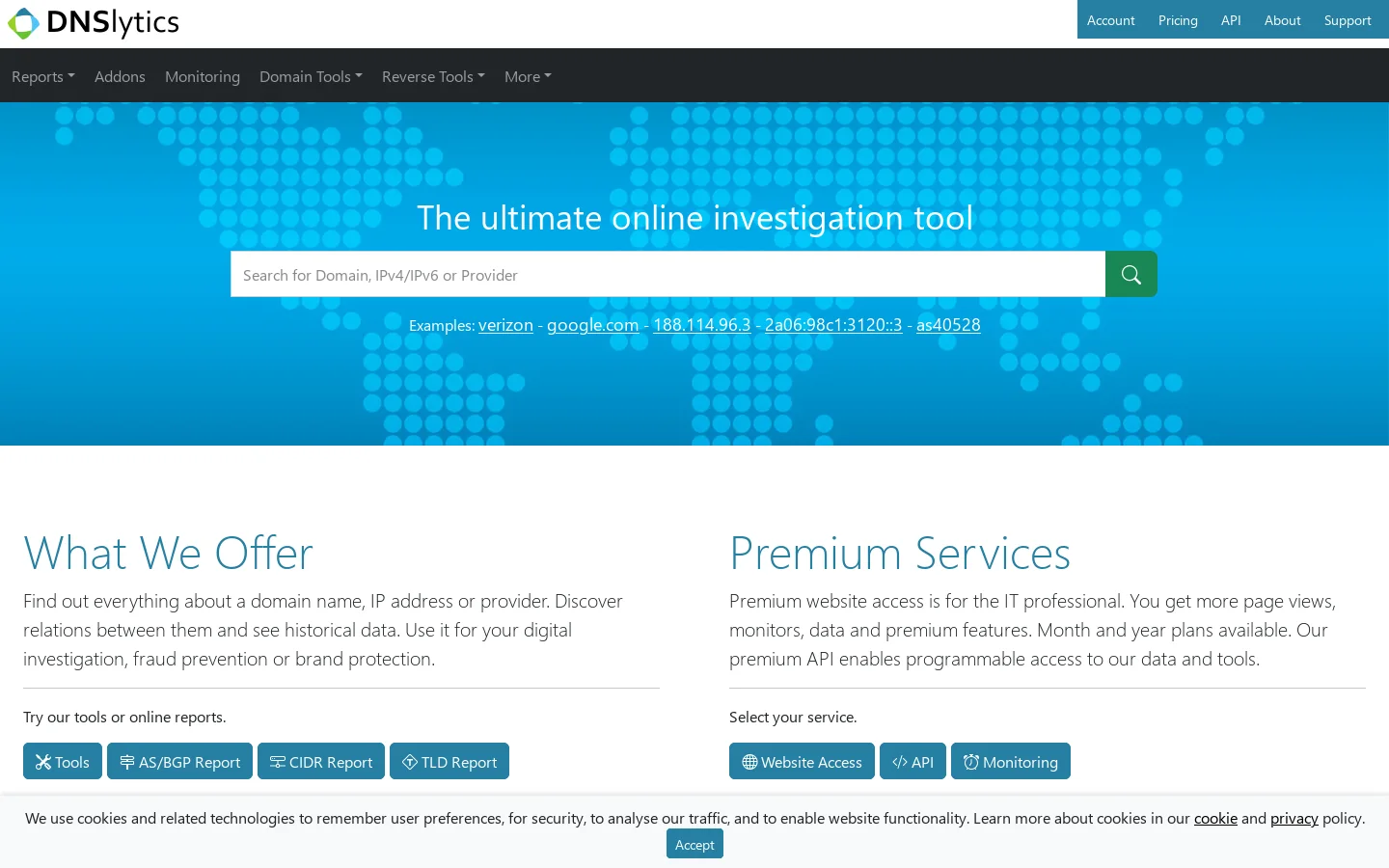 Online investigation tool - Reverse IP, NS, MX, WHOIS and Search Tools Homepage screenshot