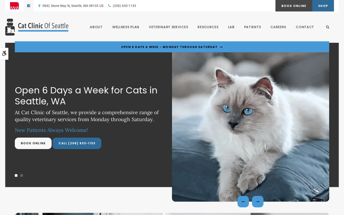 Welcome to Cat Clinic of Seattle | Open 6 Days a Week in Seattle | Book Online Homepage screenshot