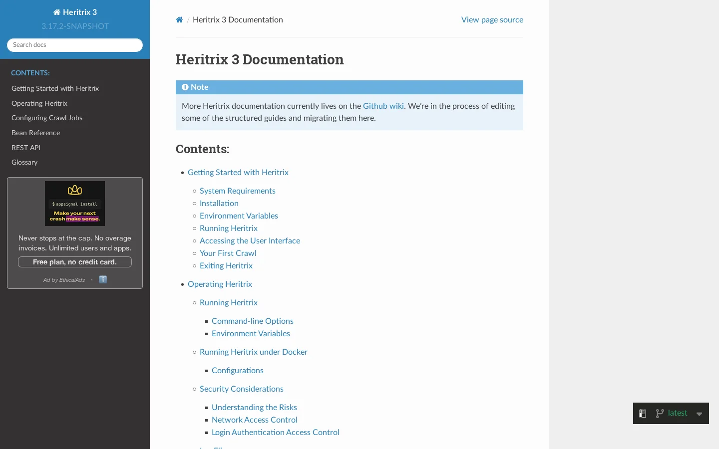 Heritrix 3 Documentation Homepage screenshot