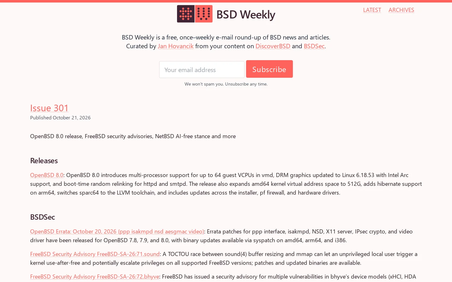 BSD Weekly Homepage screenshot
