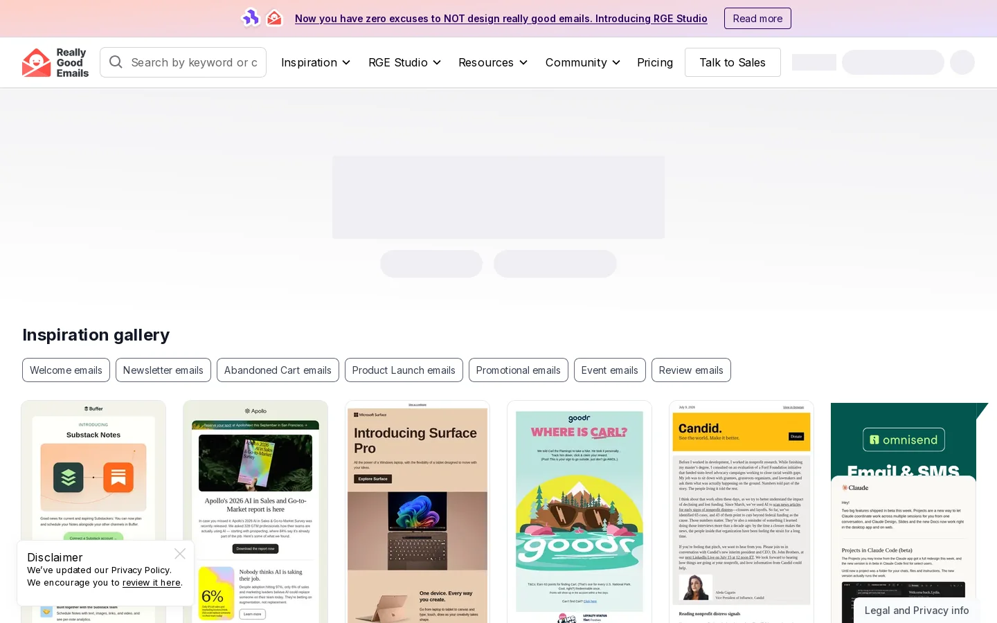 Really Good Emails Homepage screenshot