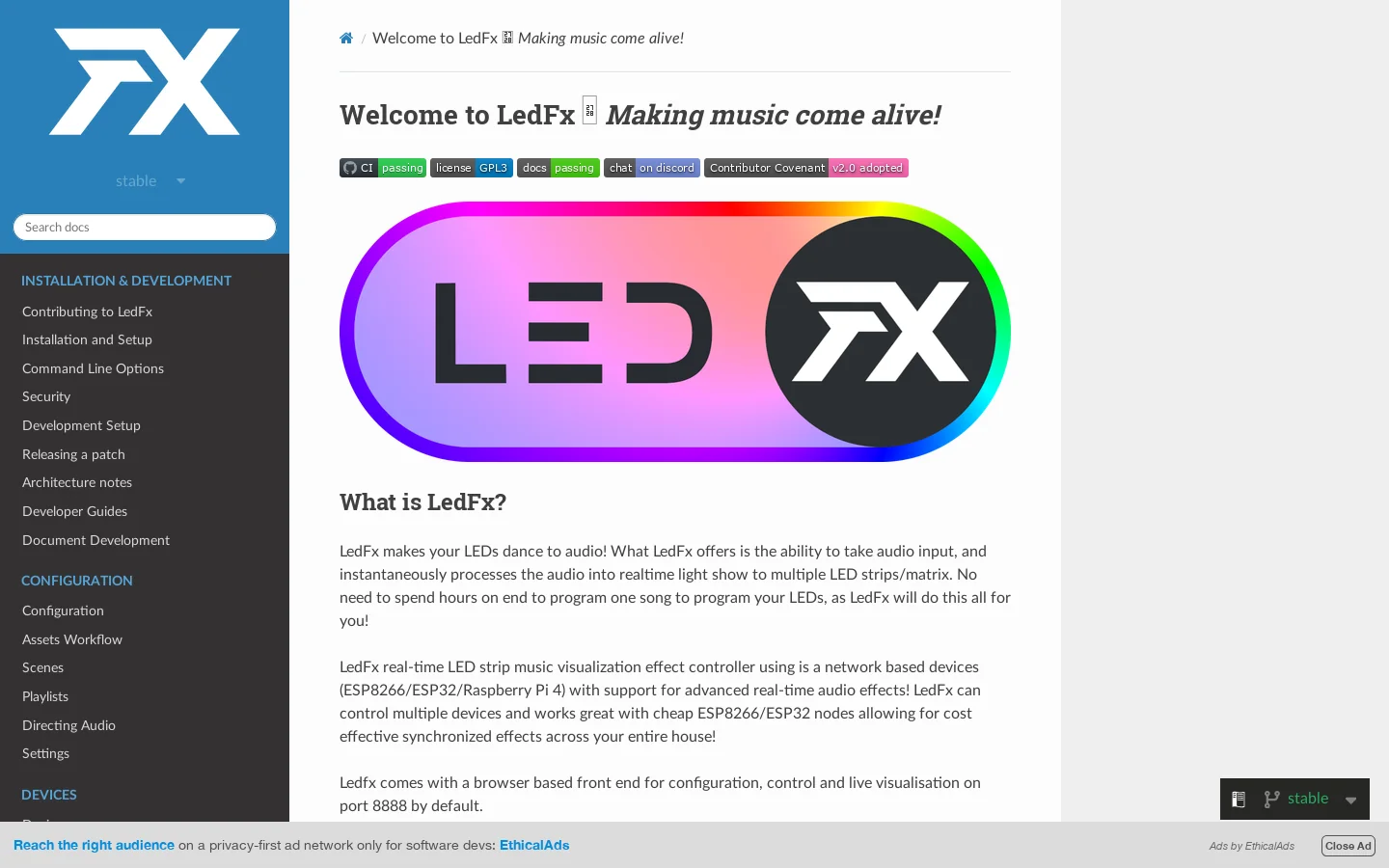 Welcome to LedFx ✨ Making music come alive! — LedFx 2.2.1 documentation Homepage screenshot