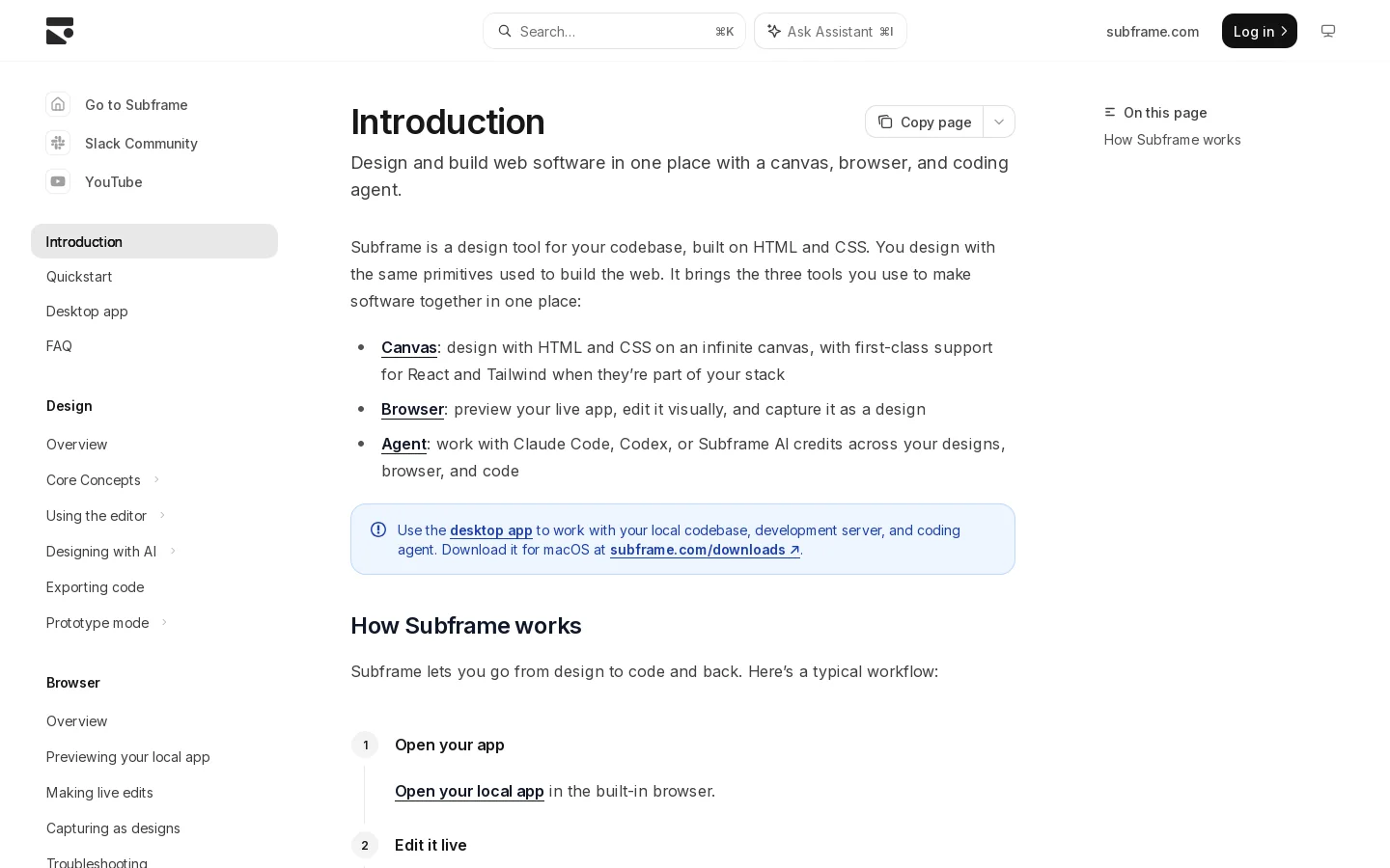 Introduction - Subframe Docs Homepage screenshot