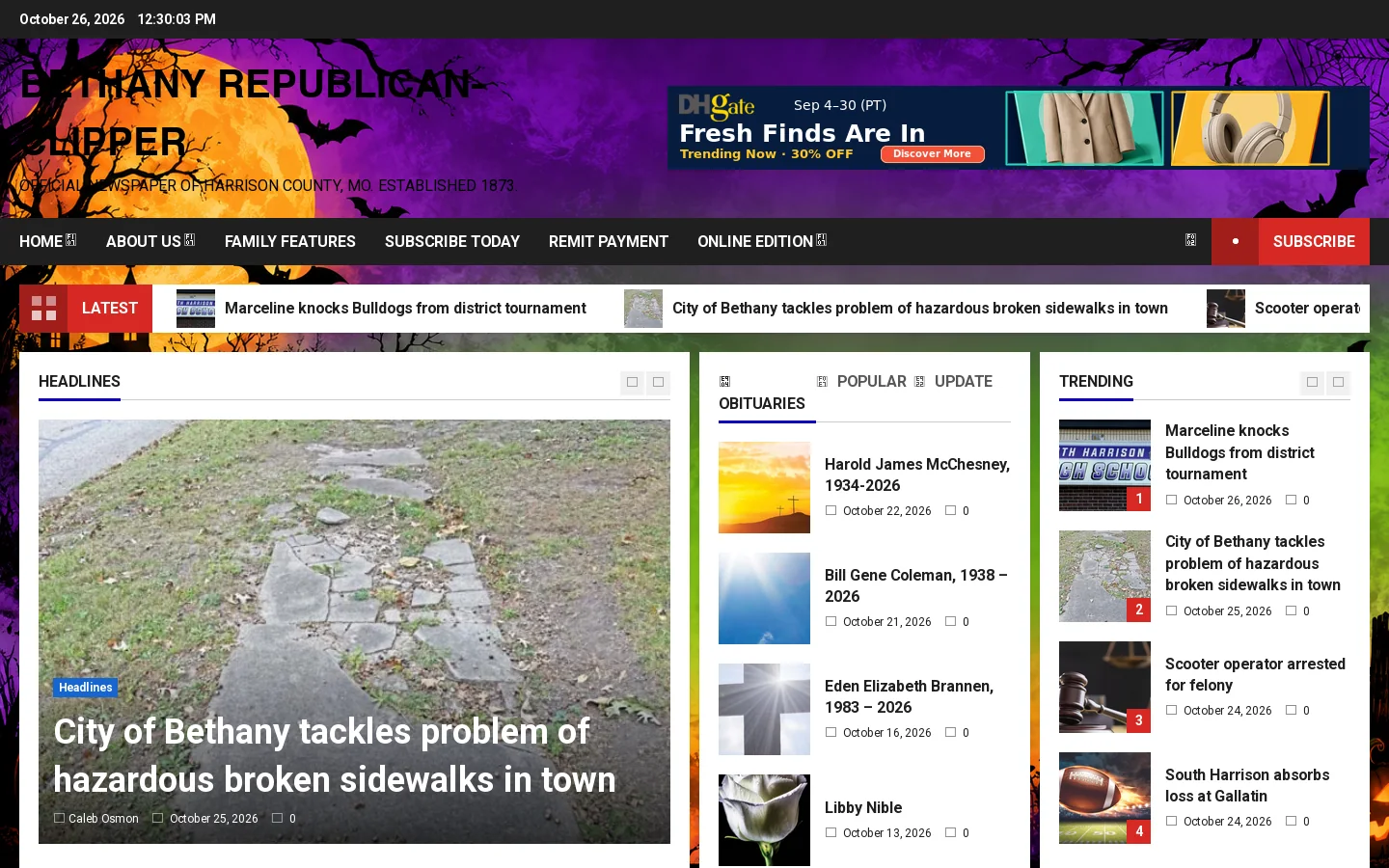 Bethany Republican-Clipper – Official newspaper of Harrison County, MO. Established 1873. Homepage screenshot