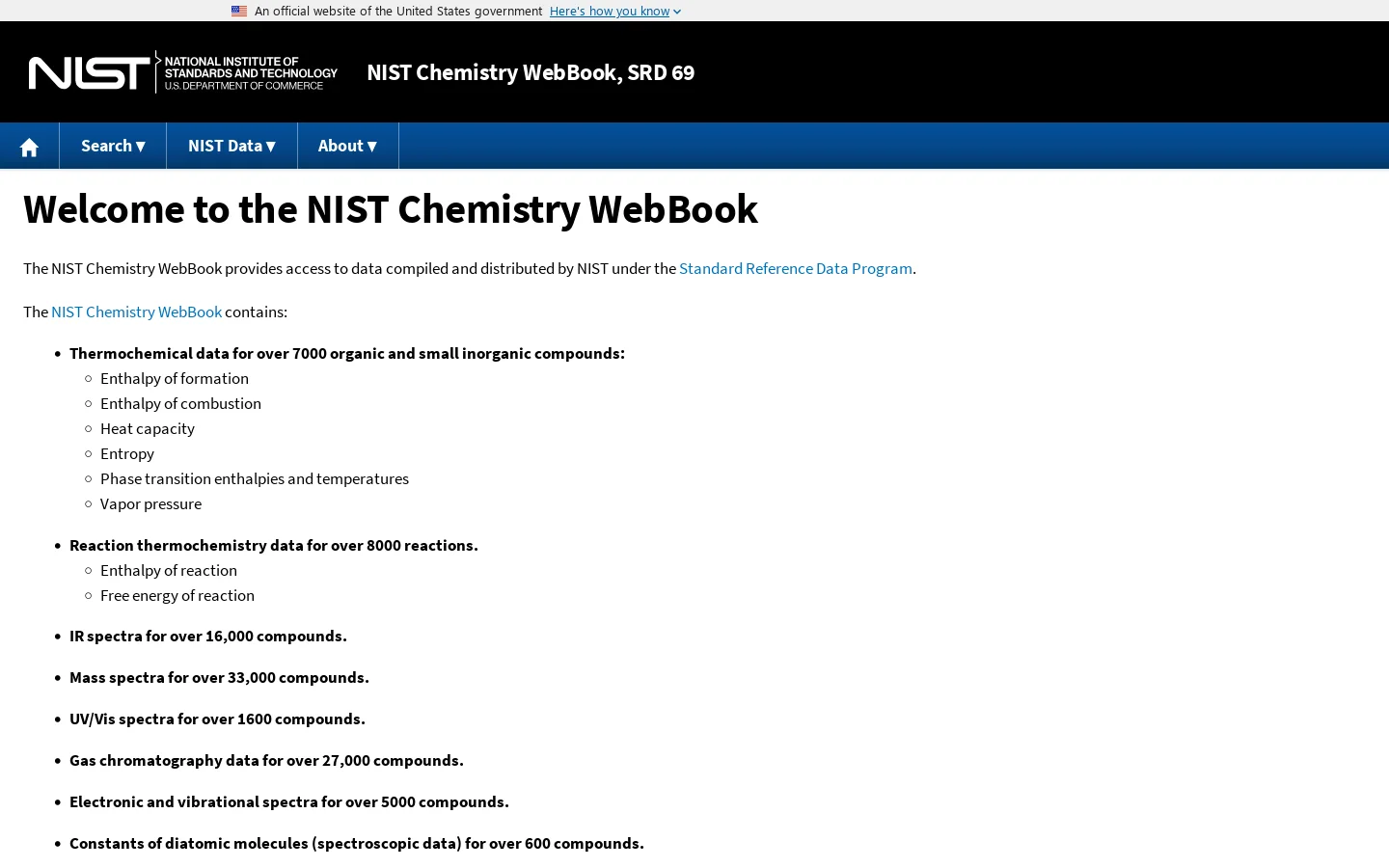 Welcome to the NIST WebBook Homepage screenshot