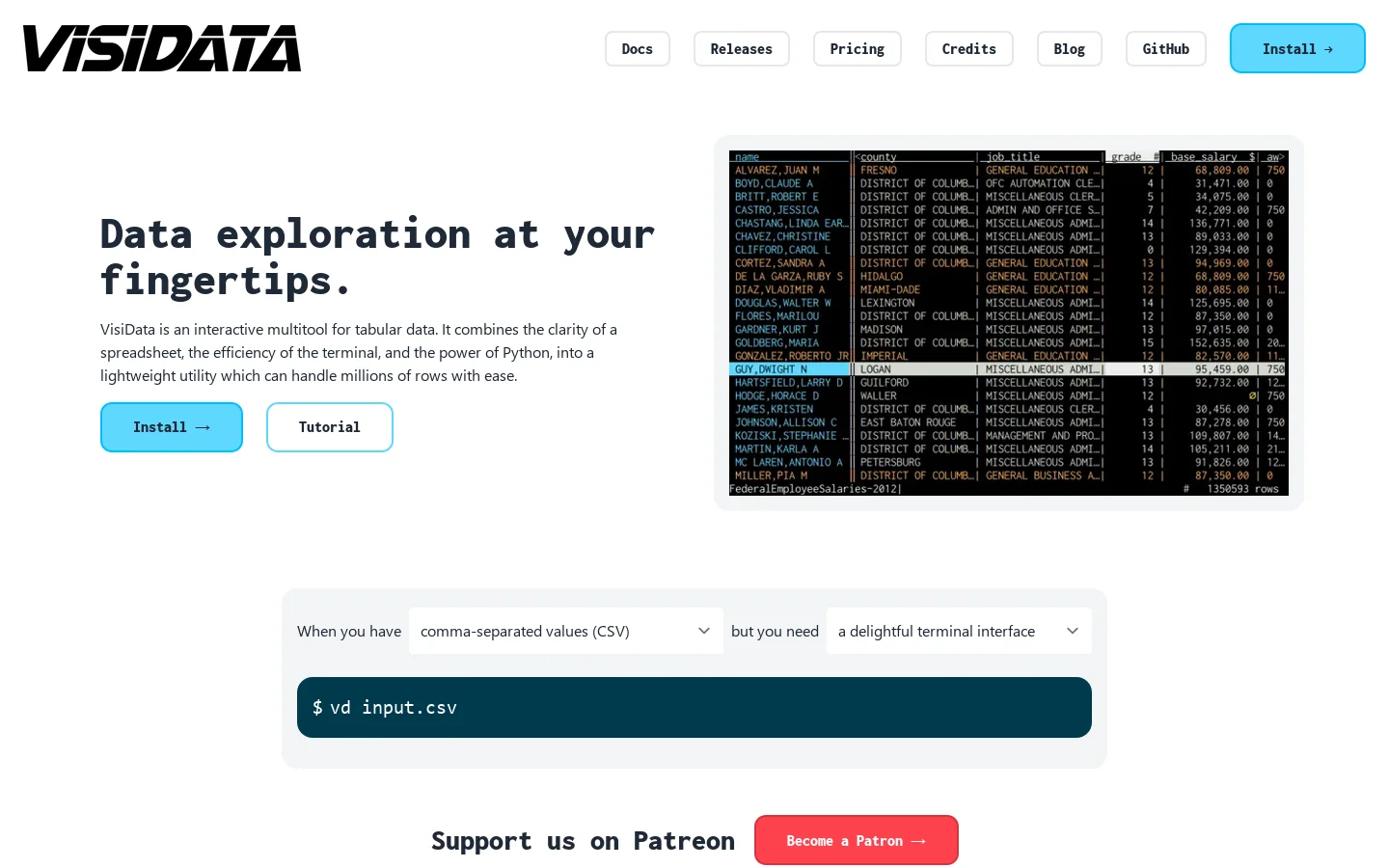 VisiData Homepage screenshot