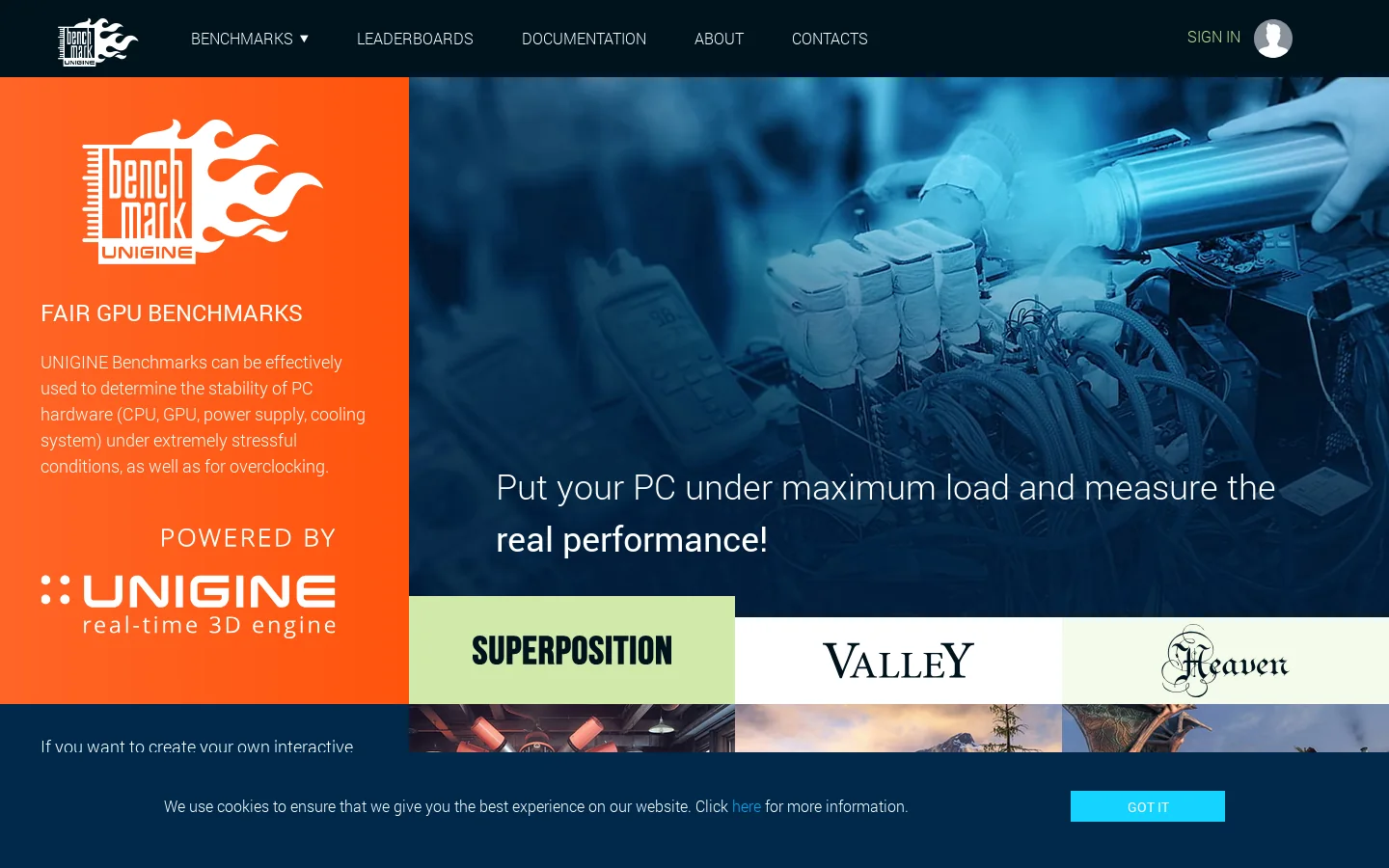UNIGINE Benchmarks Homepage screenshot