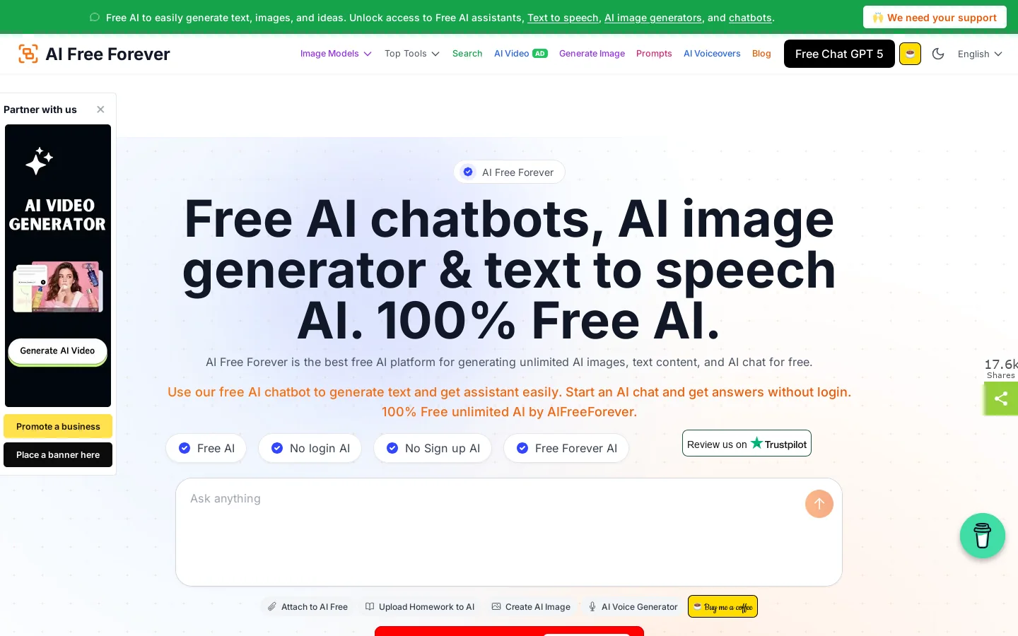 Free AI Chatbots - AI Chat and AI image generators 100% Free tools Homepage screenshot