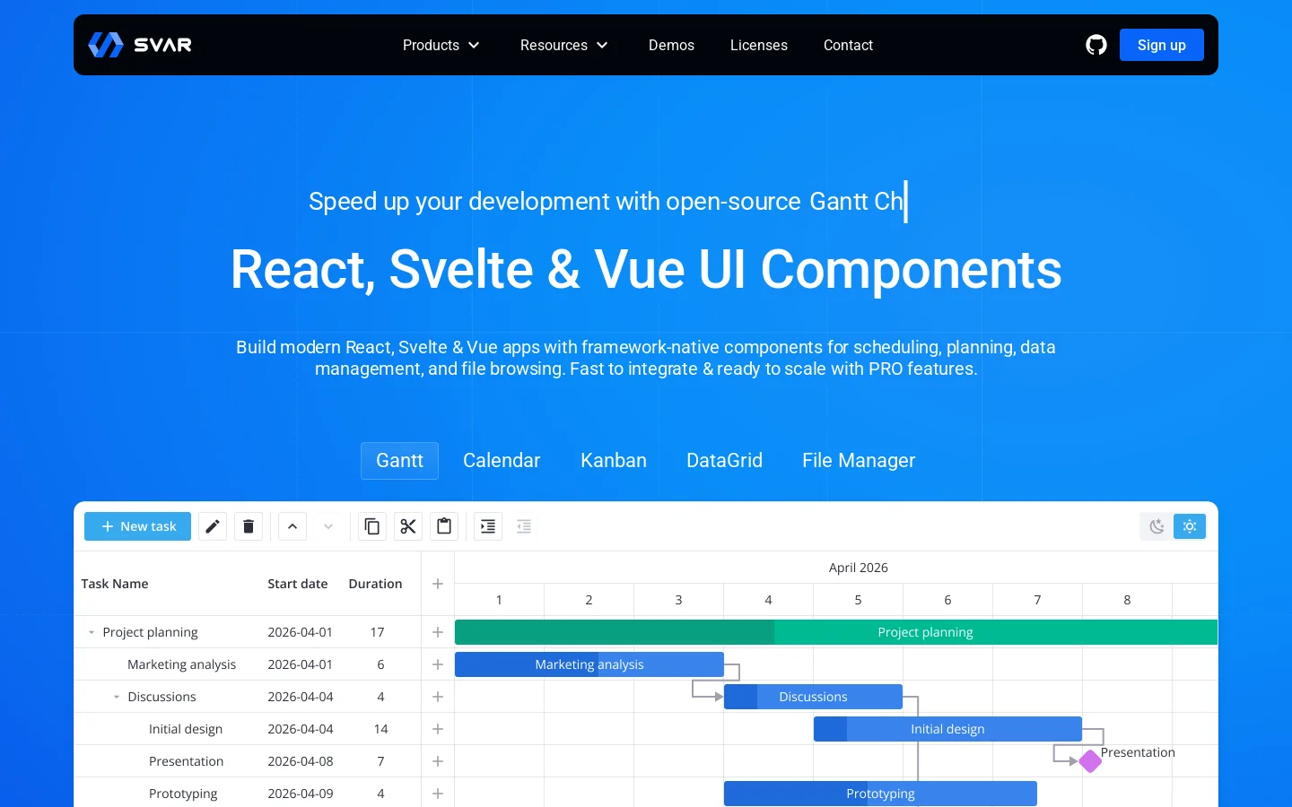 SVAR UI Components for React, Svelte and Vue Homepage screenshot