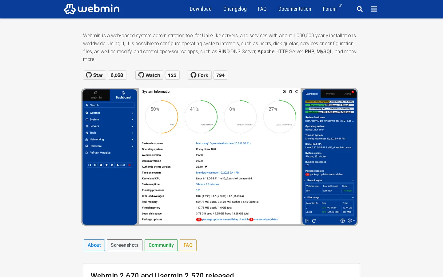 Webmin Homepage screenshot