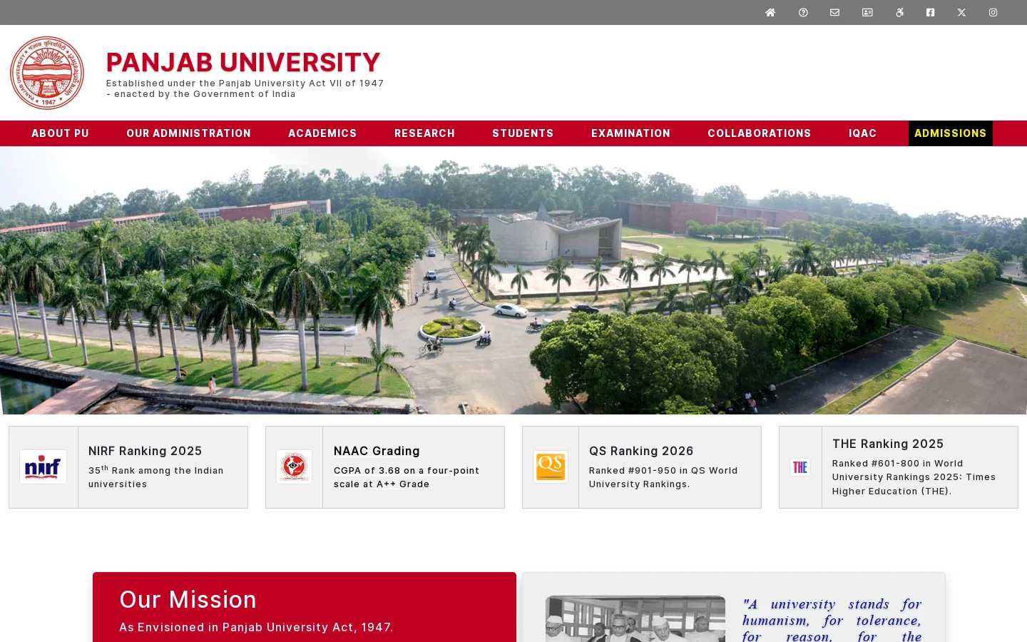 Official Website of Panjab University Chandigarh ਪੰਜਾਬ ਯੂਨੀਵਰਸਿਟੀ ਚੰਡੀਗੜ੍ਹ पंजाब विश्वविद्यालय चंडीगढ़ पंजाब यूनिवर्सिटी चंडीगढ़ Chandigarh India Homepage screenshot