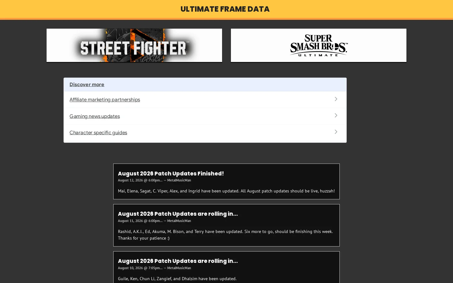 Ultimate Frame Data Homepage screenshot