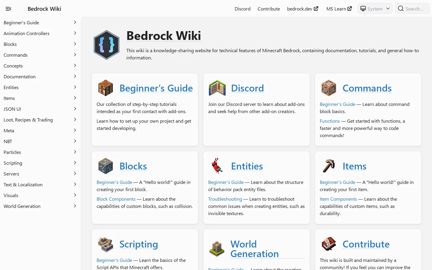 Bedrock Wiki Homepage screenshot