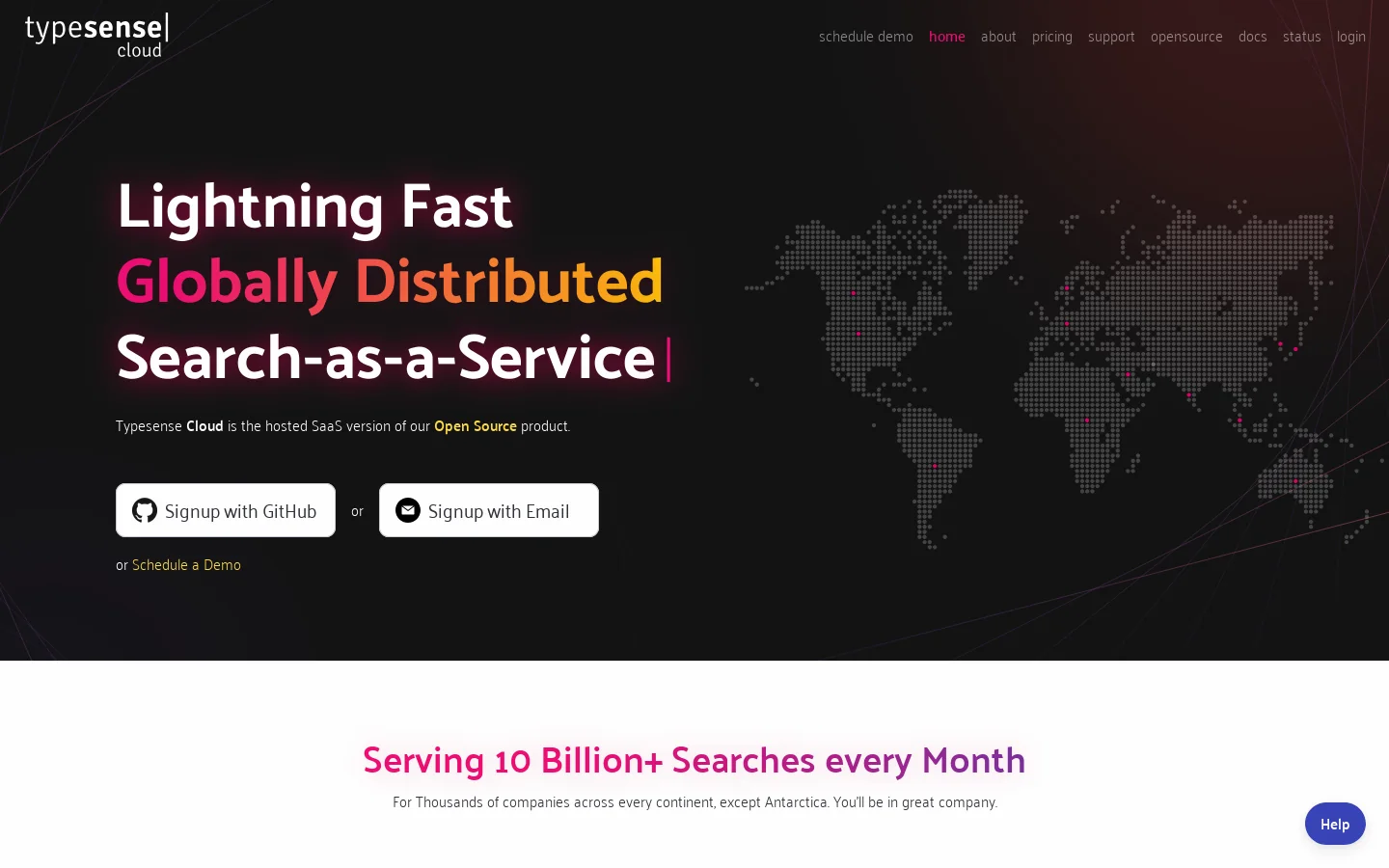 Hosted App and Site Search | Typesense Cloud Homepage screenshot