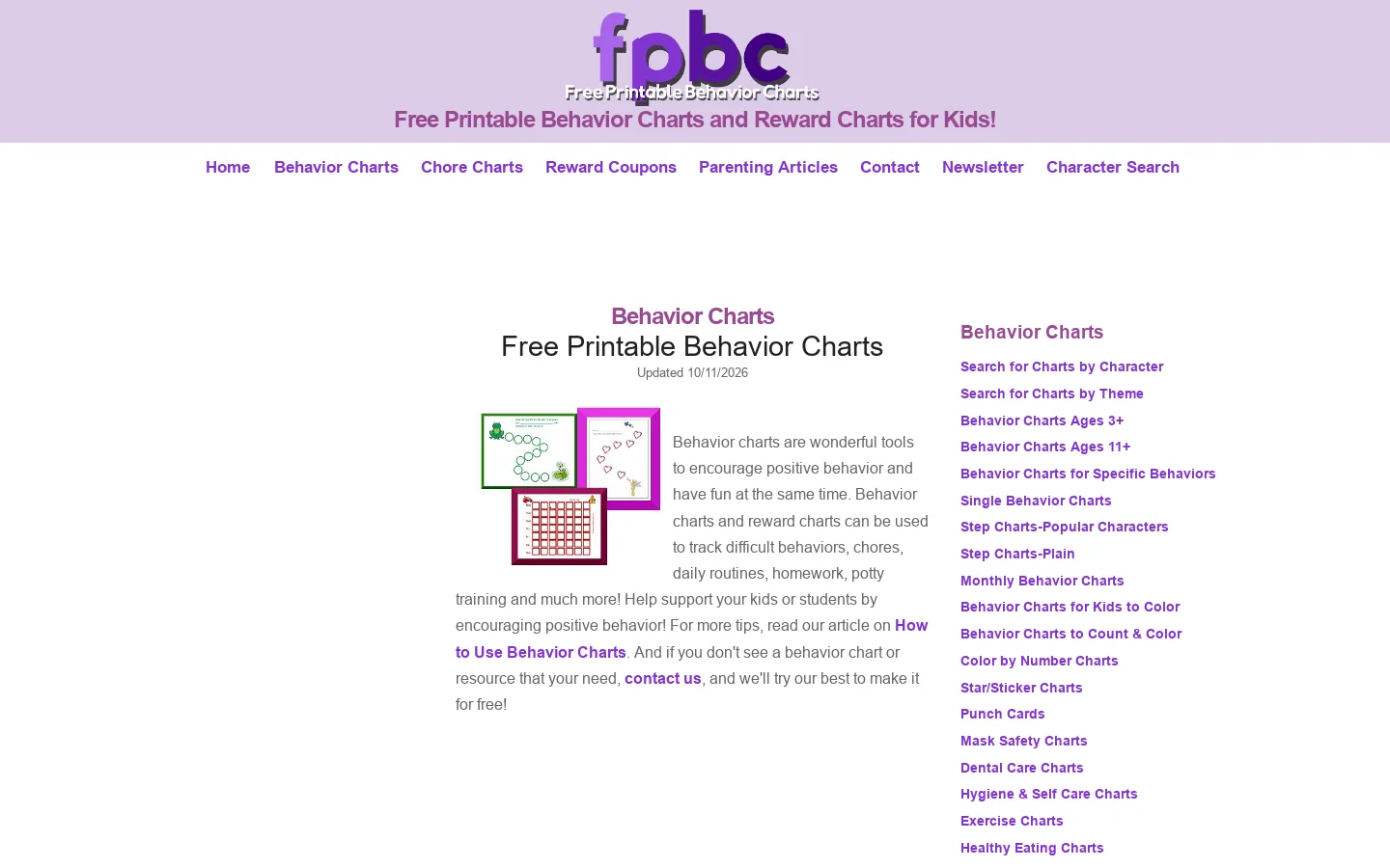 Free Printable Behavior Charts for Kids Homepage screenshot