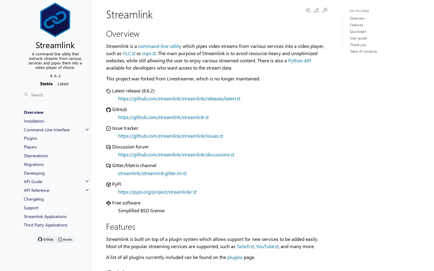Streamlink 8.6.2 documentation Homepage screenshot