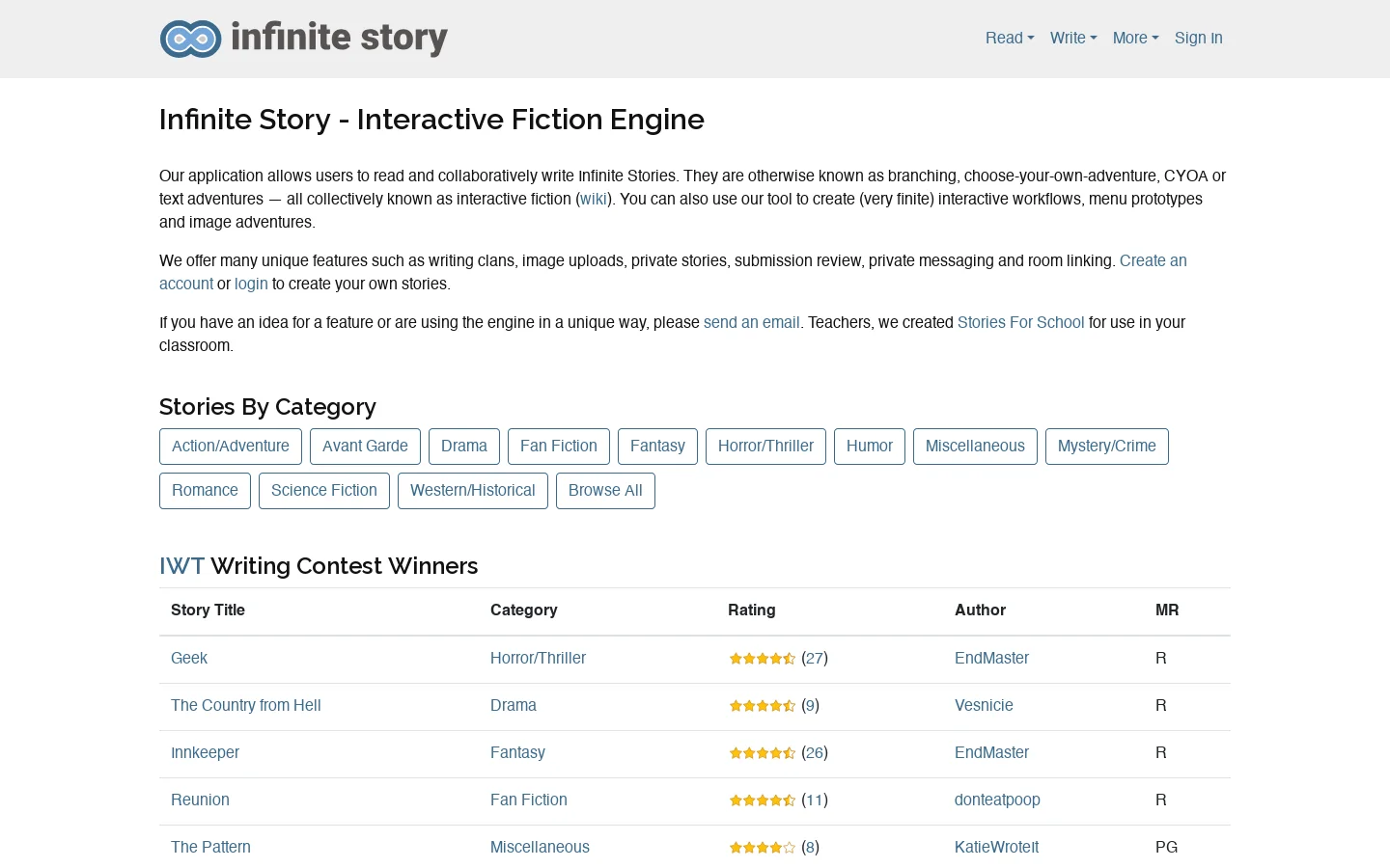 Infinite Story Homepage screenshot