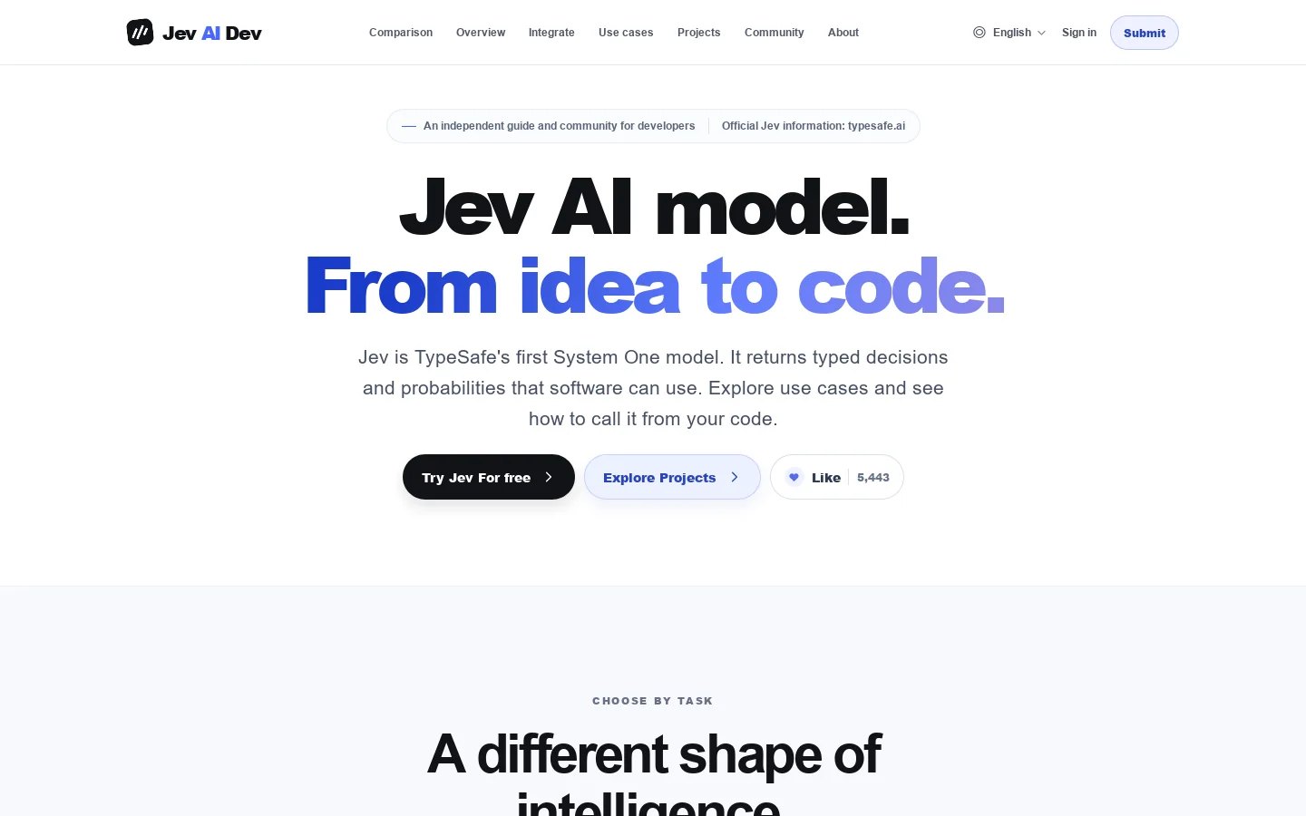 Jev AI Model API Developer Guides & Community Homepage screenshot