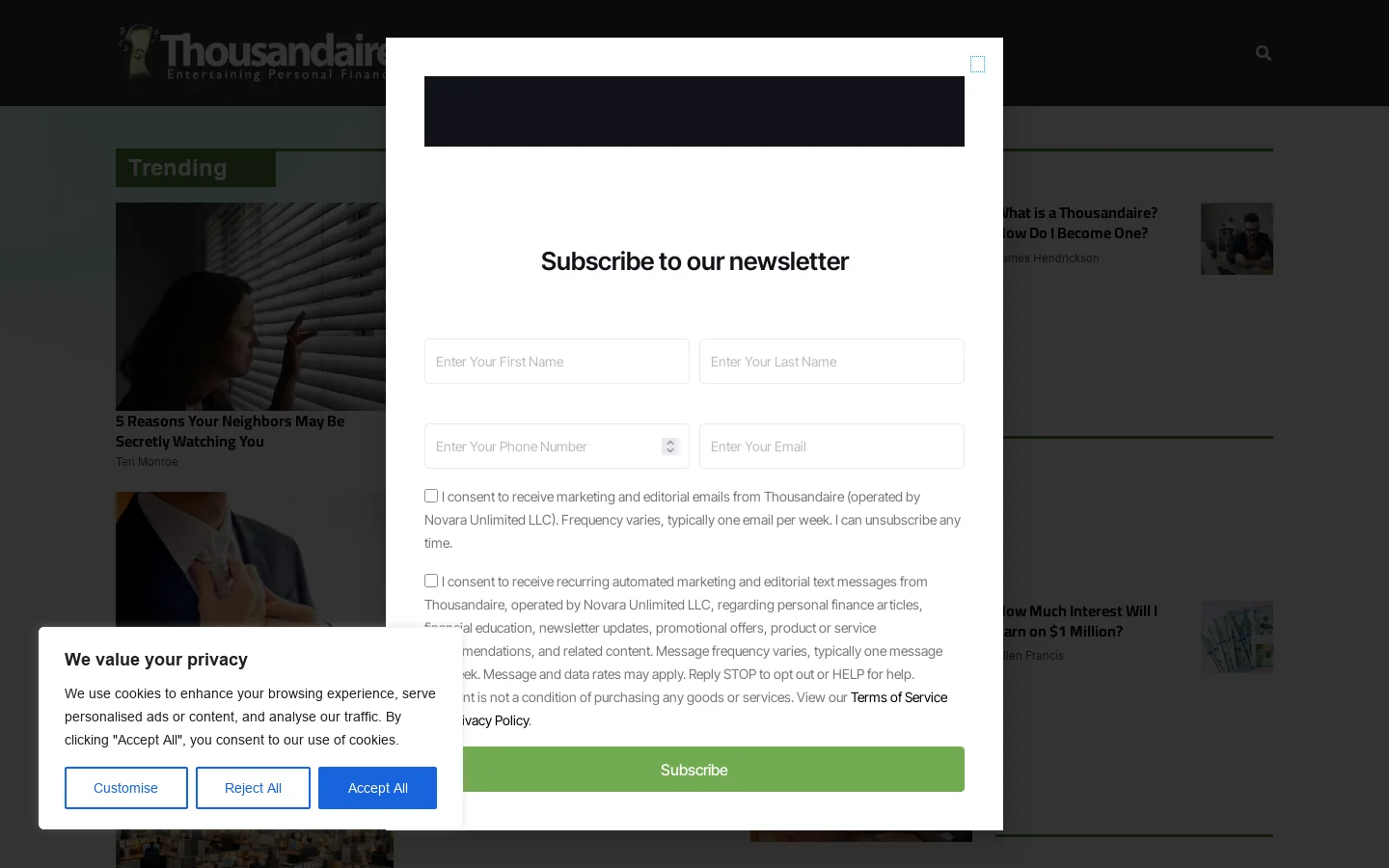 Thousandaire Homepage screenshot