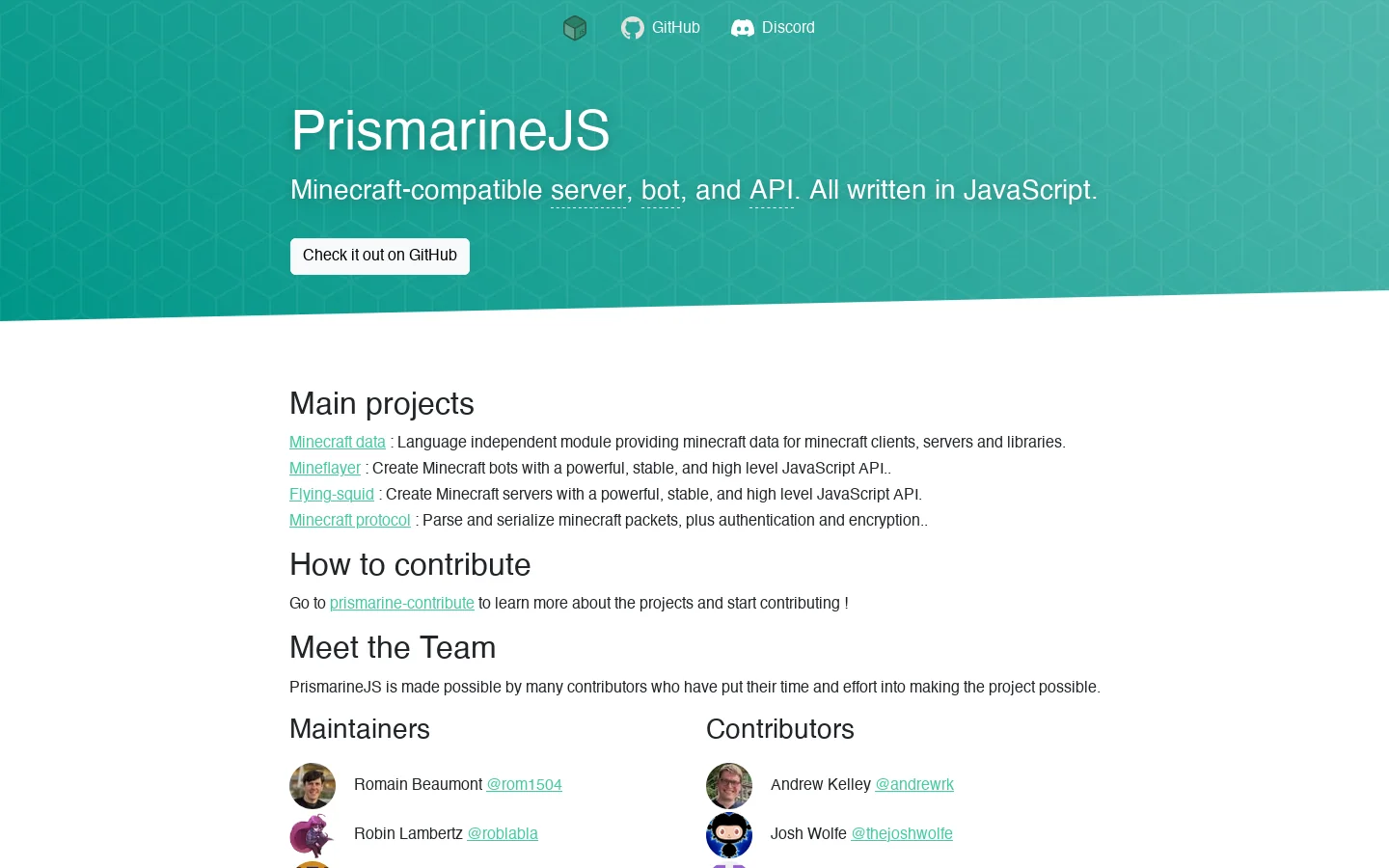 PrismarineJS Homepage screenshot