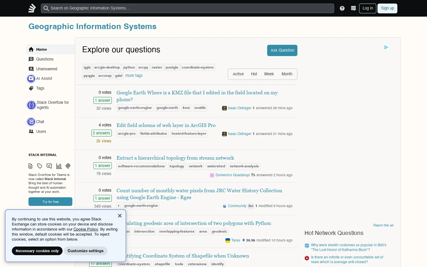 Geographic Information Systems Stack Exchange Homepage screenshot