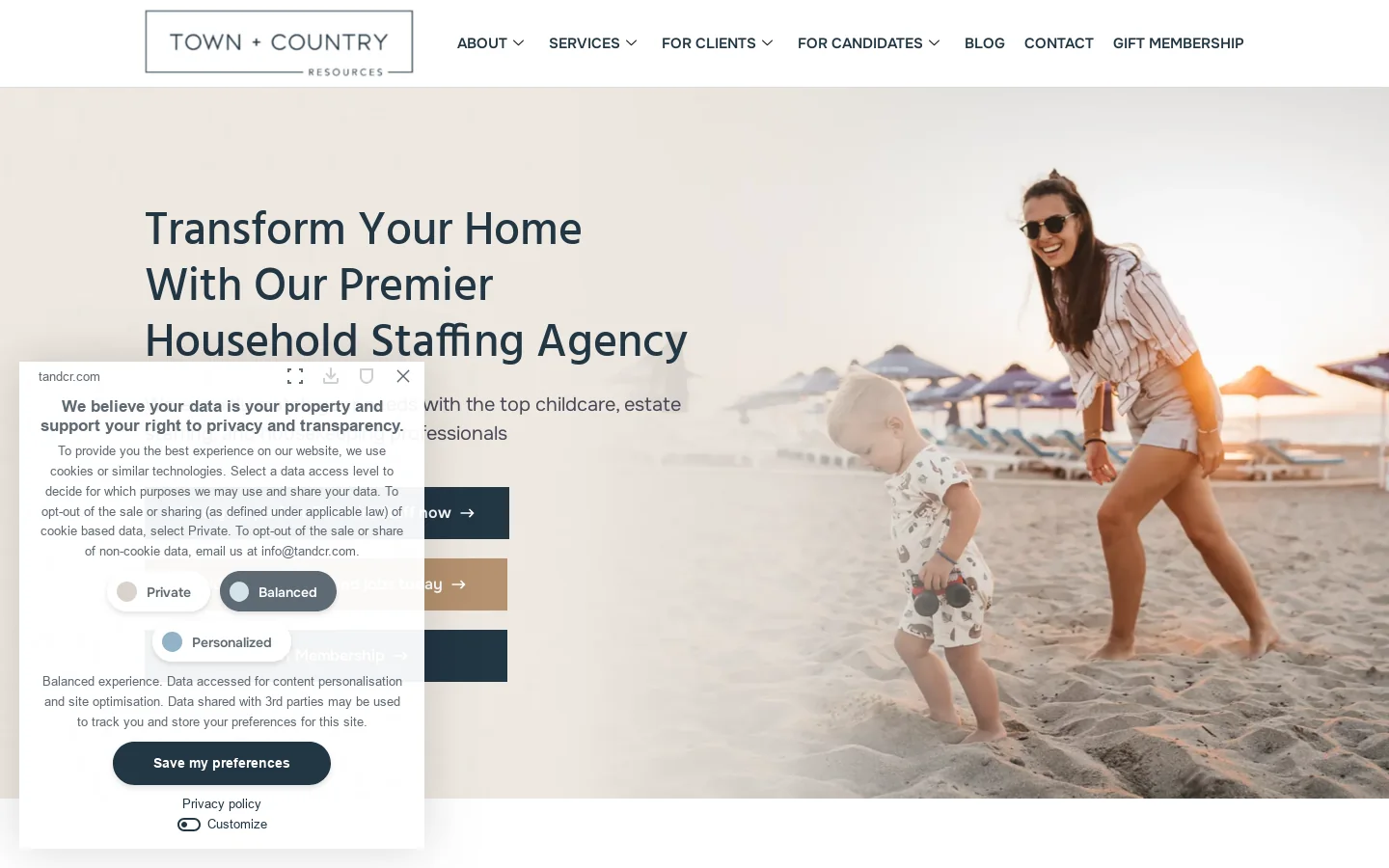 Household Staffing Agency | Town + Country Resources Homepage screenshot