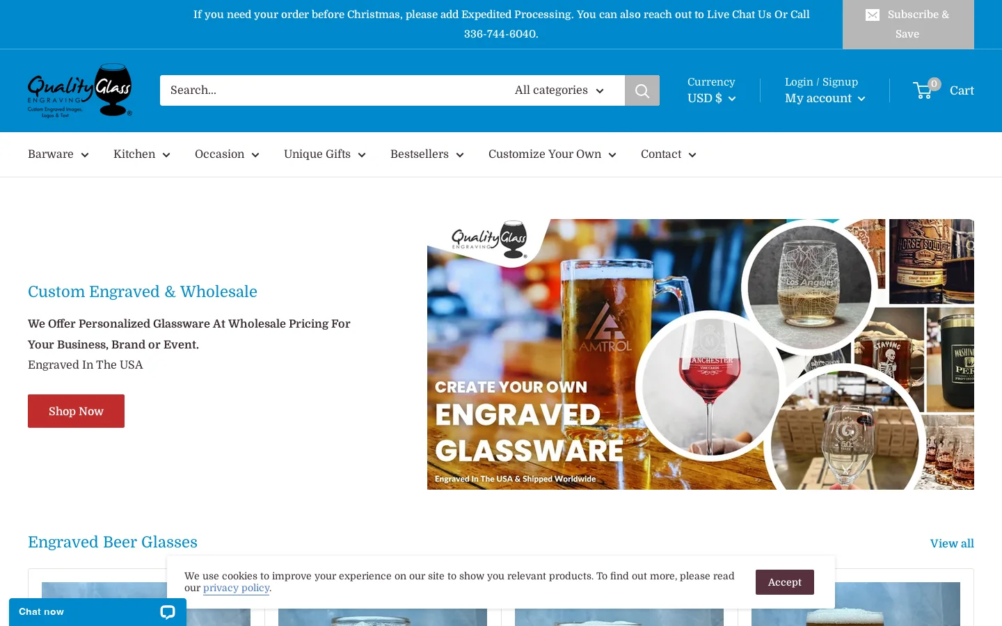Personalized Engraved & Etched Glassware By Quality Glass Engraving Homepage screenshot