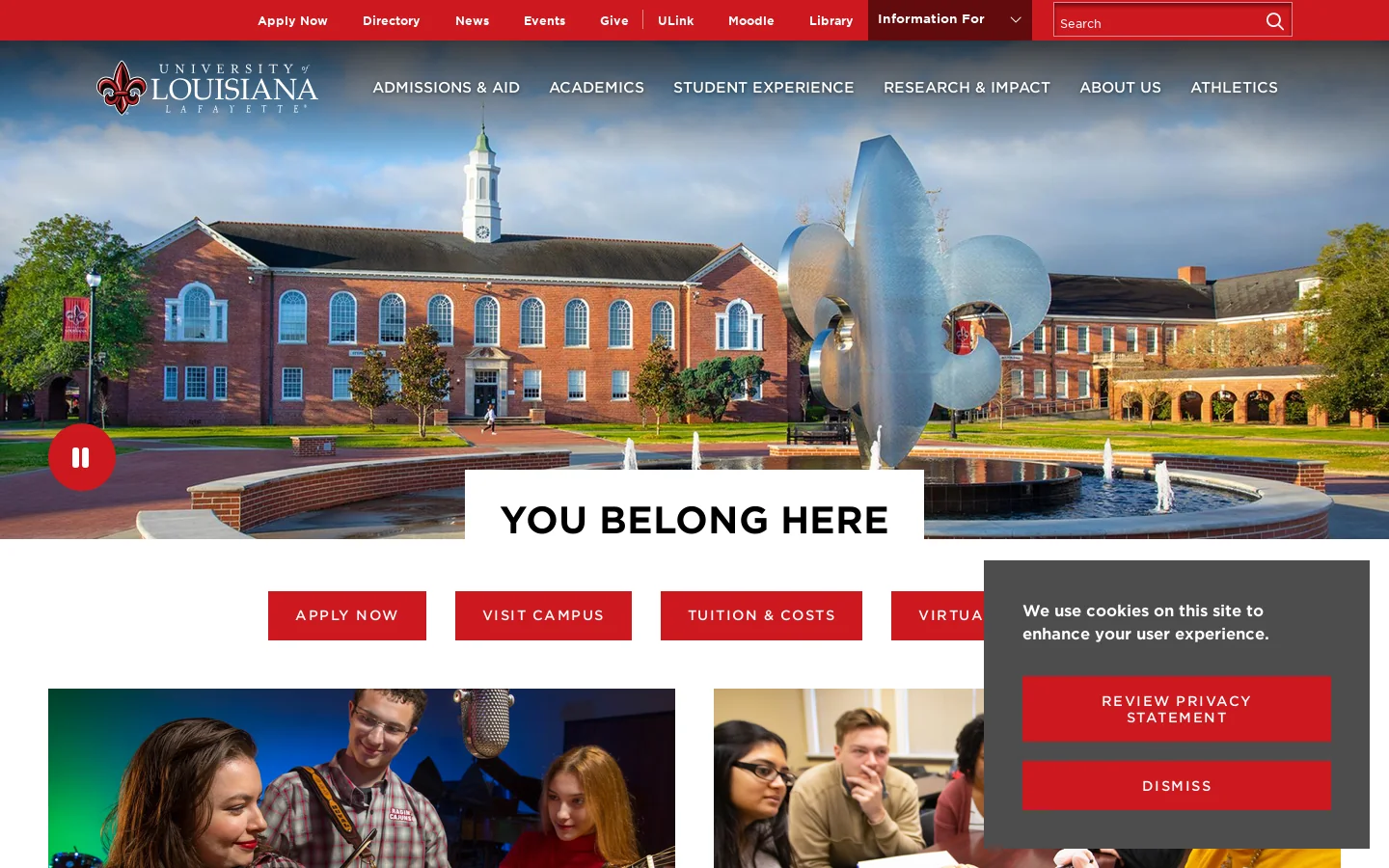University of Louisiana at Lafayette Homepage screenshot