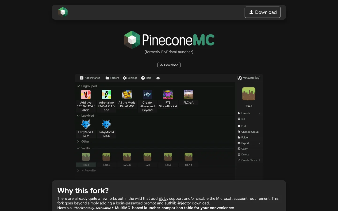 PineconeMC Homepage screenshot