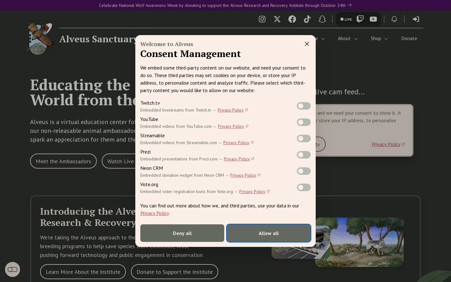 Alveus Sanctuary Homepage screenshot