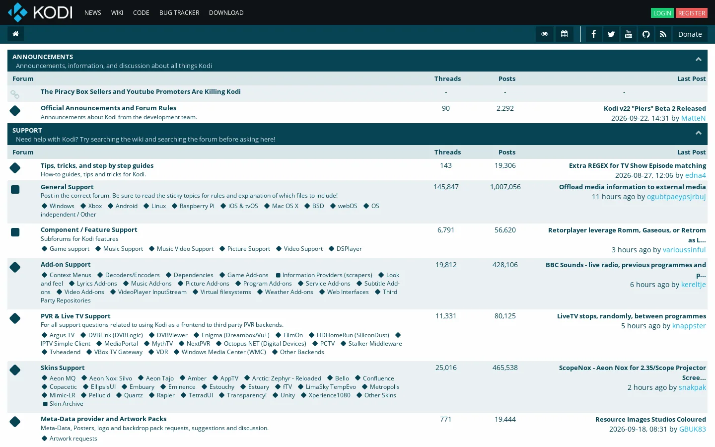 Kodi Community Forum Homepage screenshot