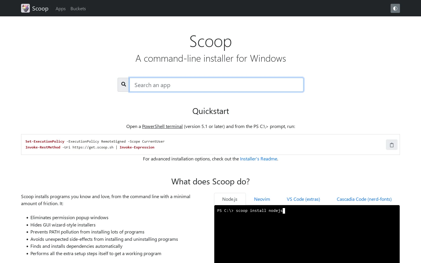 Scoop scoop.sh Scoop is a system utility for Windows, hardware checks, cleanup, process control, or desktop customization. ↗ Homepage screenshot