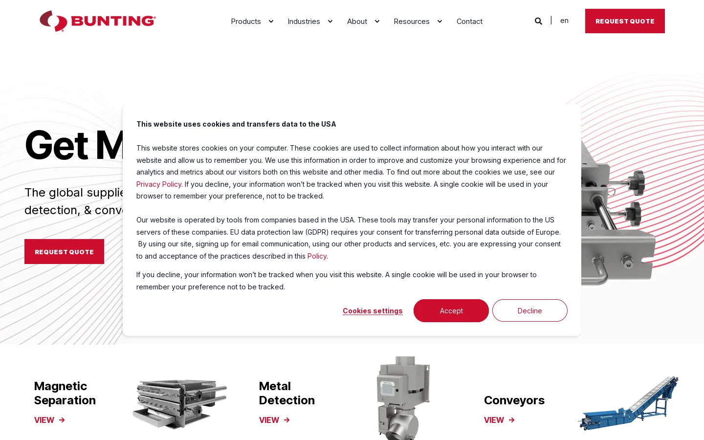 Magnetic Separation, Metal Detection & Conveyors | Bunting Homepage screenshot
