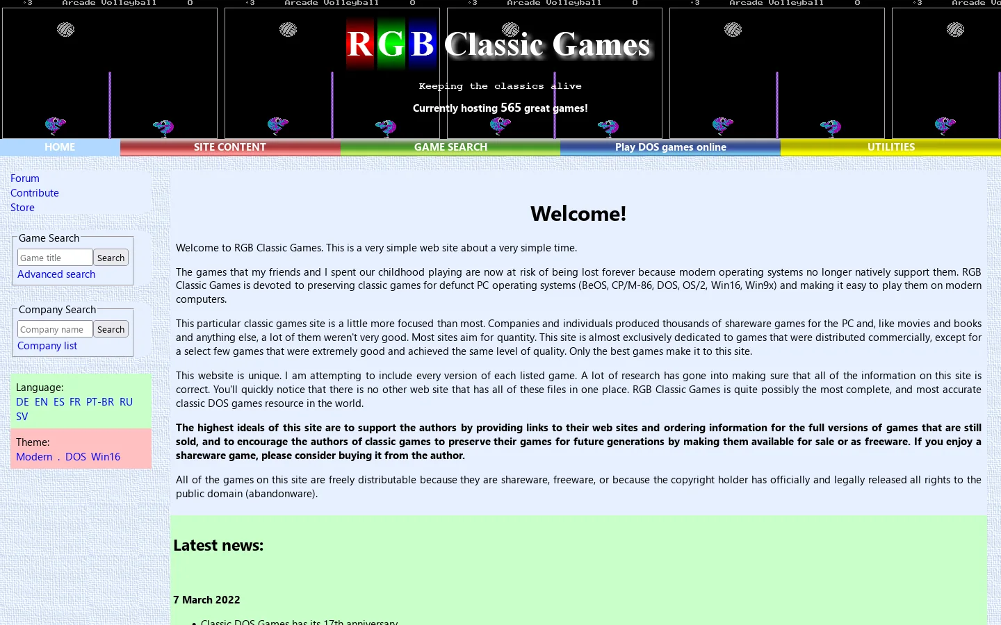 RGB Classic Games Homepage screenshot