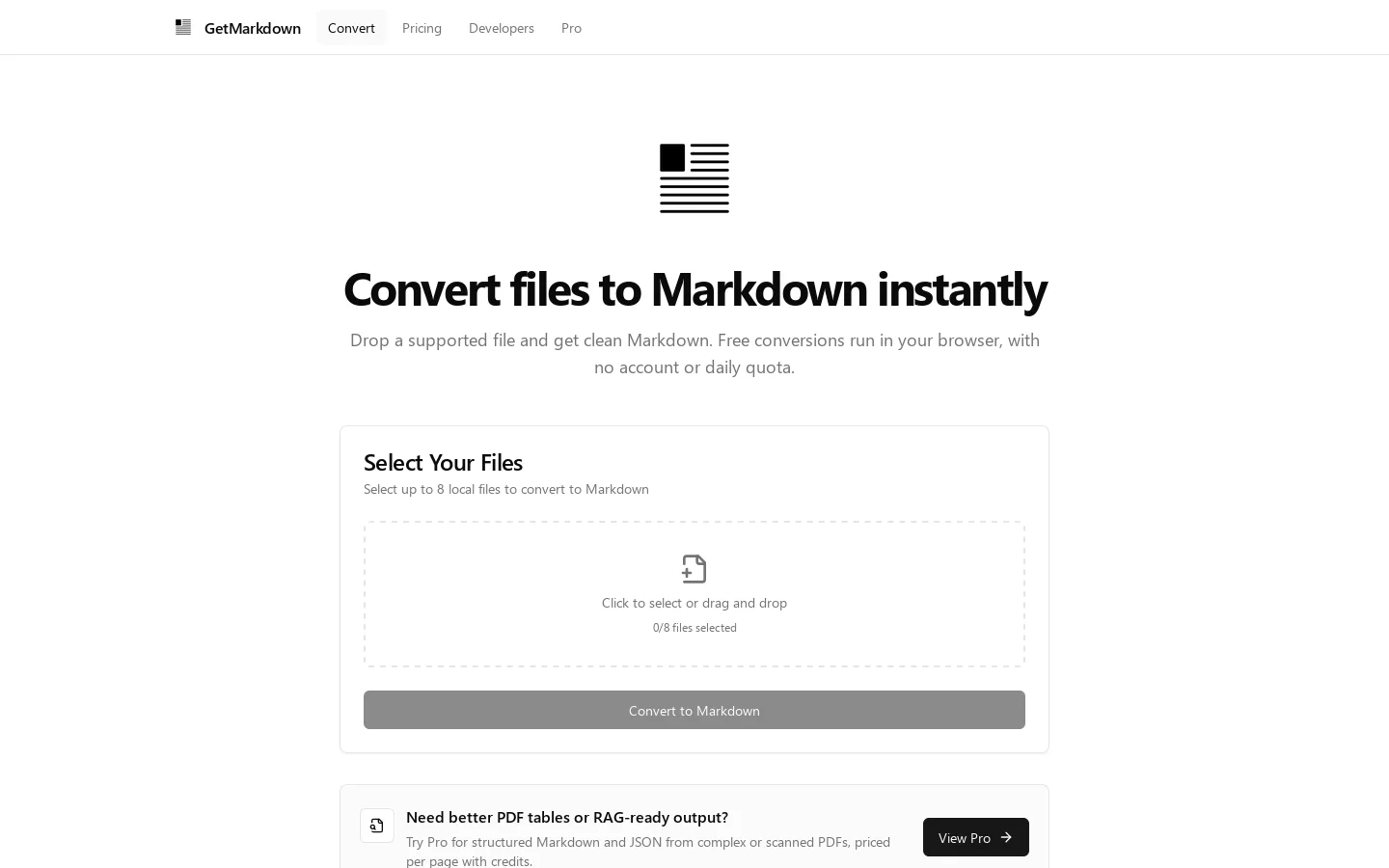 GetMarkdown Homepage screenshot