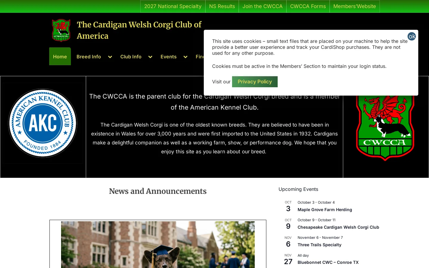 The Cardigan Welsh Corgi Club of America Homepage screenshot