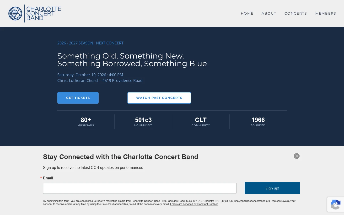 Charlotte Concert Band Homepage screenshot