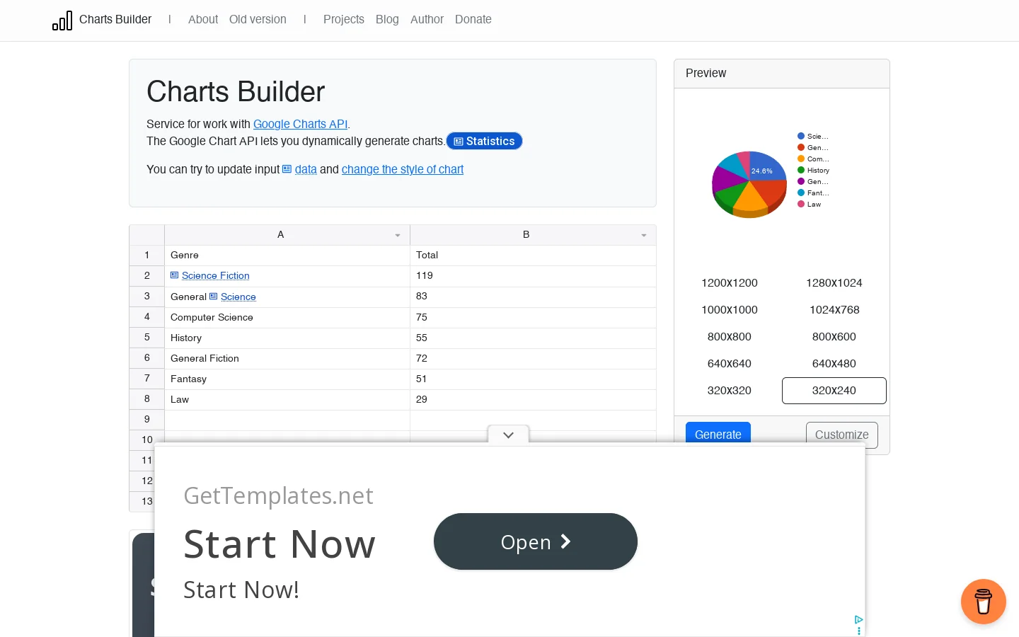 Online Charts Builder Homepage screenshot