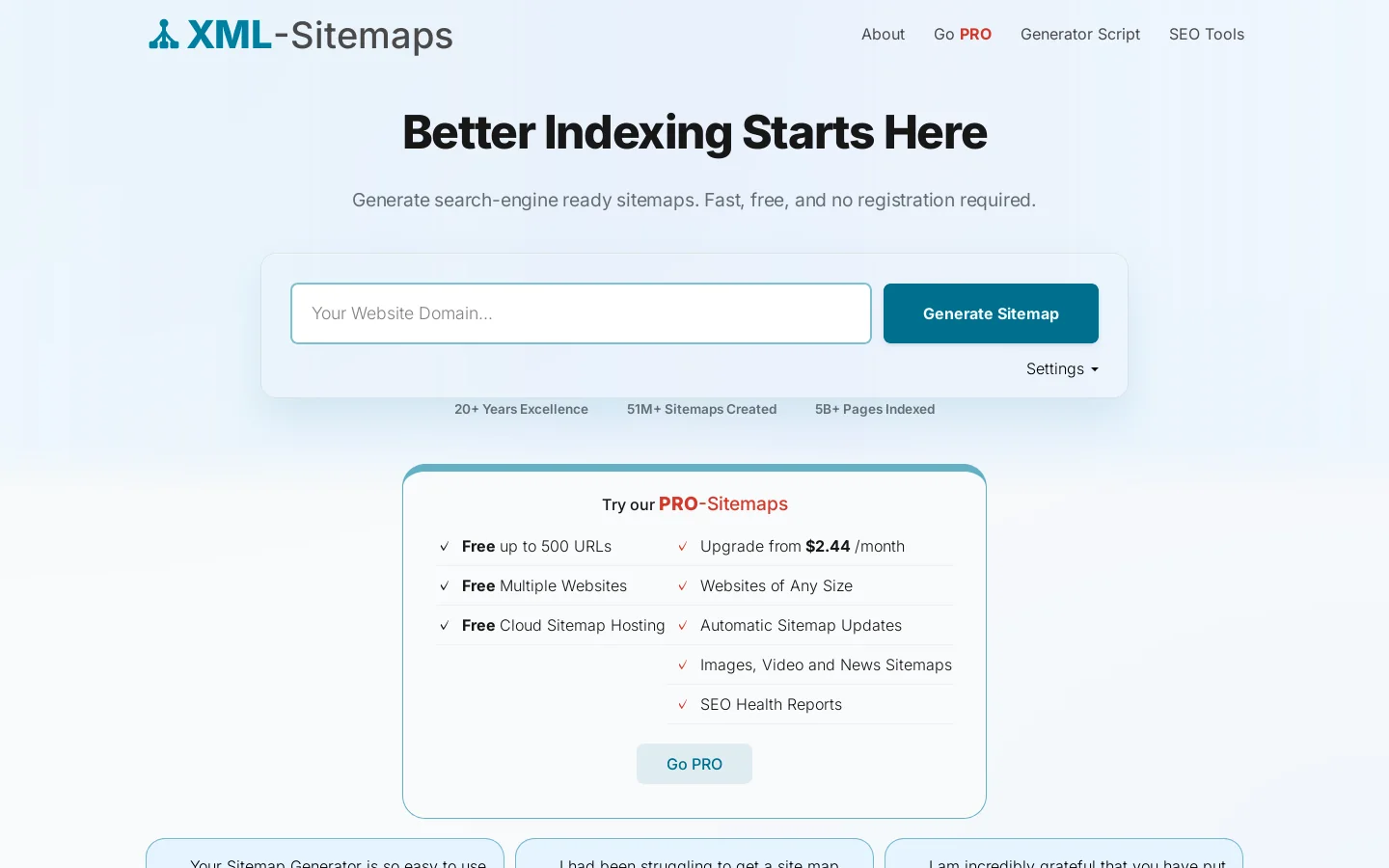 XML Sitemaps Generator Homepage screenshot