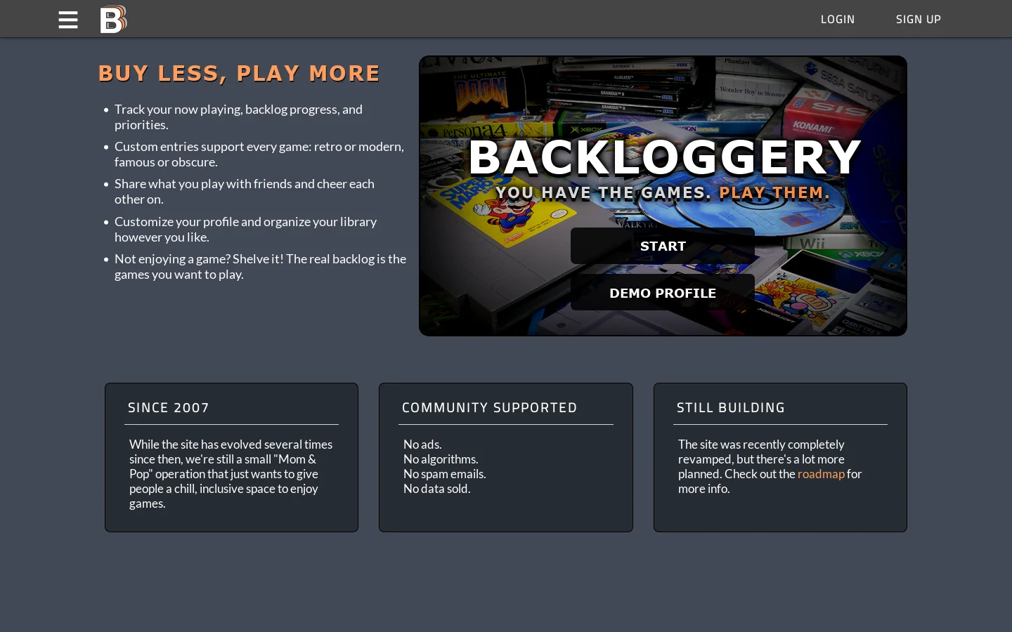 Backloggery Homepage screenshot