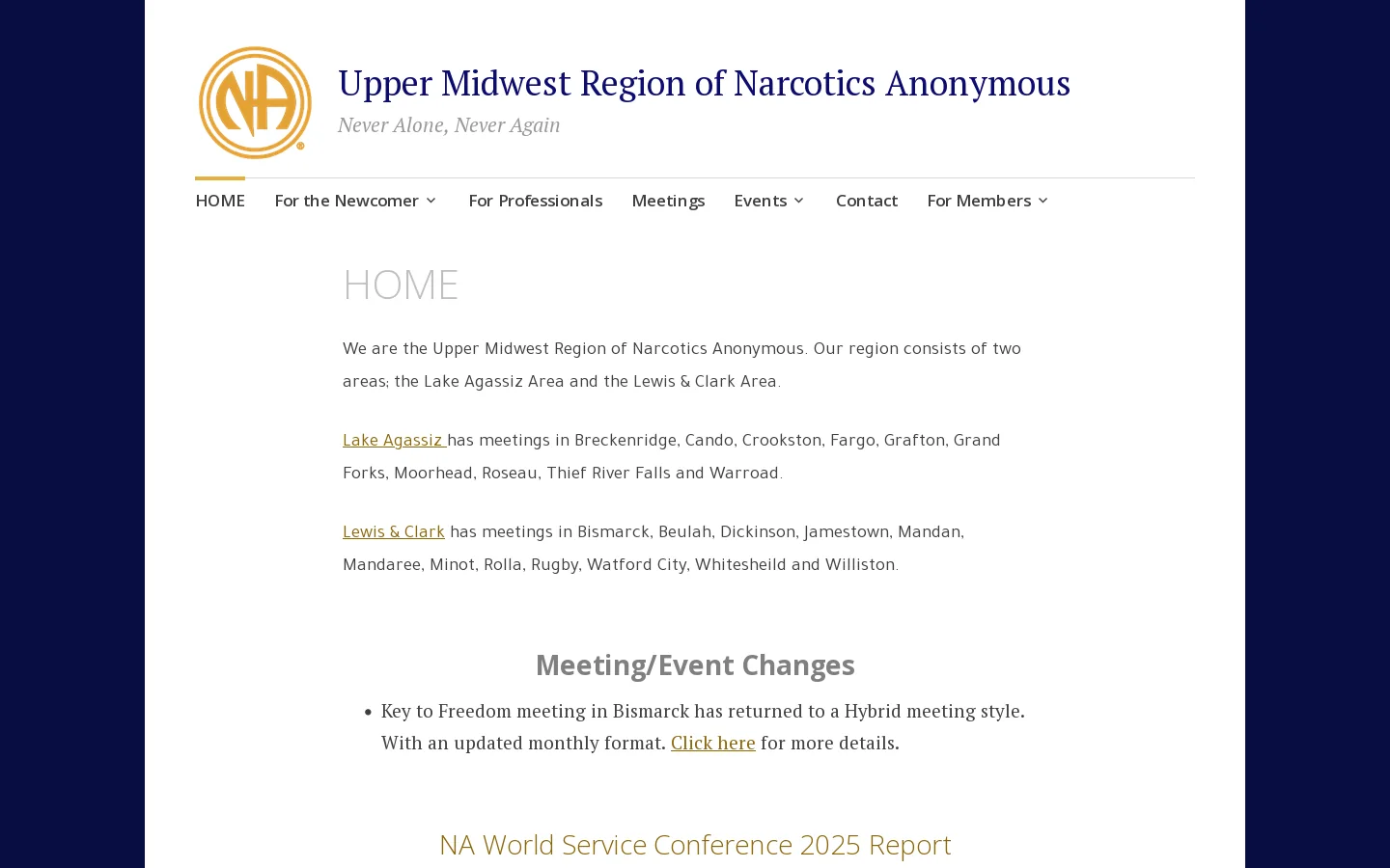 Upper Midwest Region of Narcotics Anonymous – Never Alone, Never Again Homepage screenshot