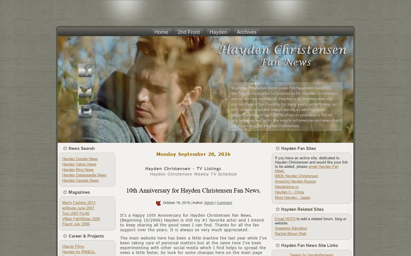 Hayden Christensen Fan News * News and Resources Homepage screenshot
