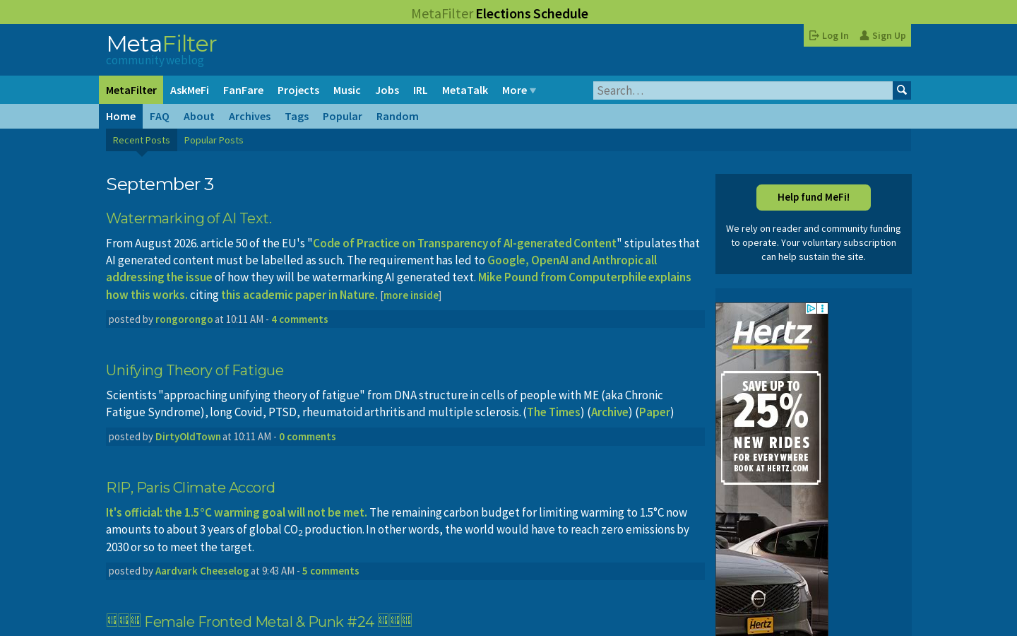 MetaFilter Homepage screenshot