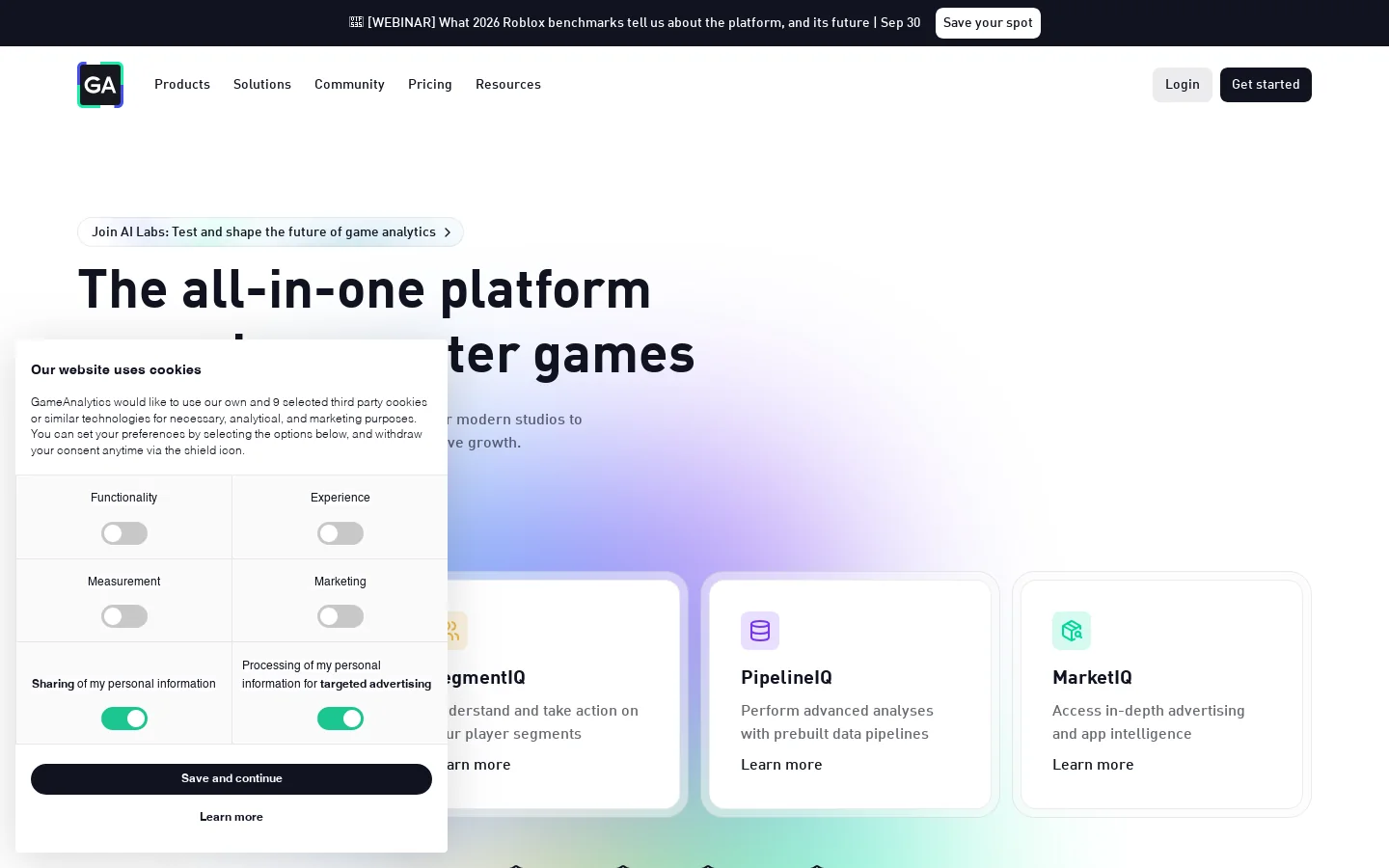 GameAnalytics Homepage screenshot
