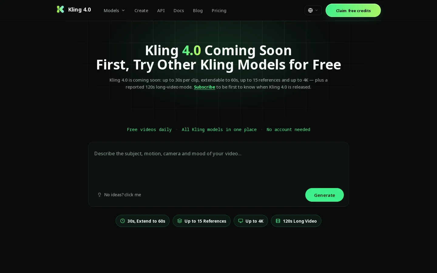 Kling 4.0 Coming Soon Homepage screenshot